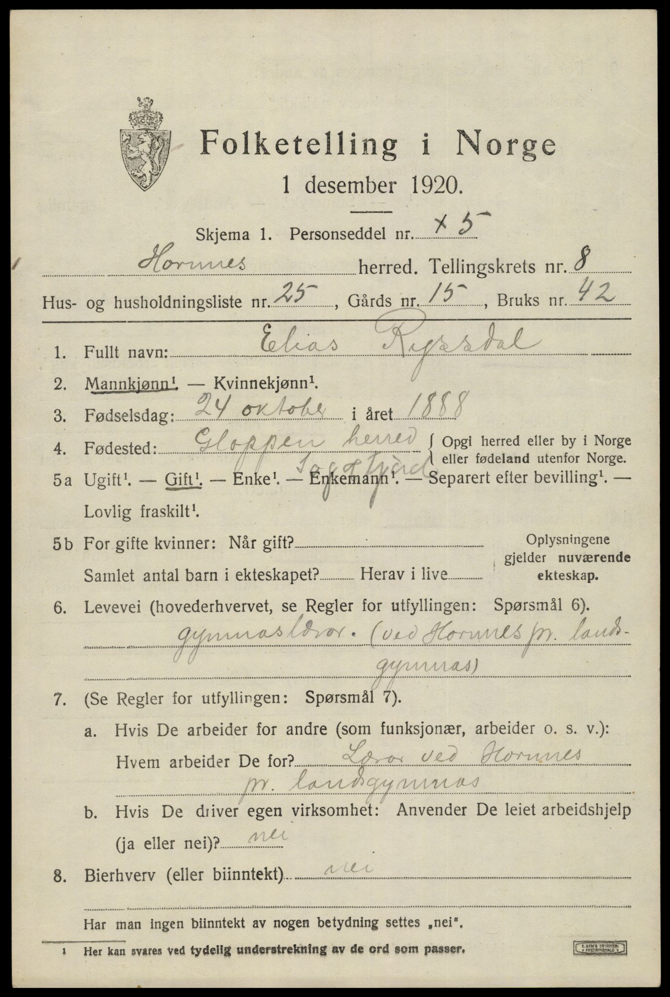 SAK, 1920 census for Hornnes, 1920, p. 2183
