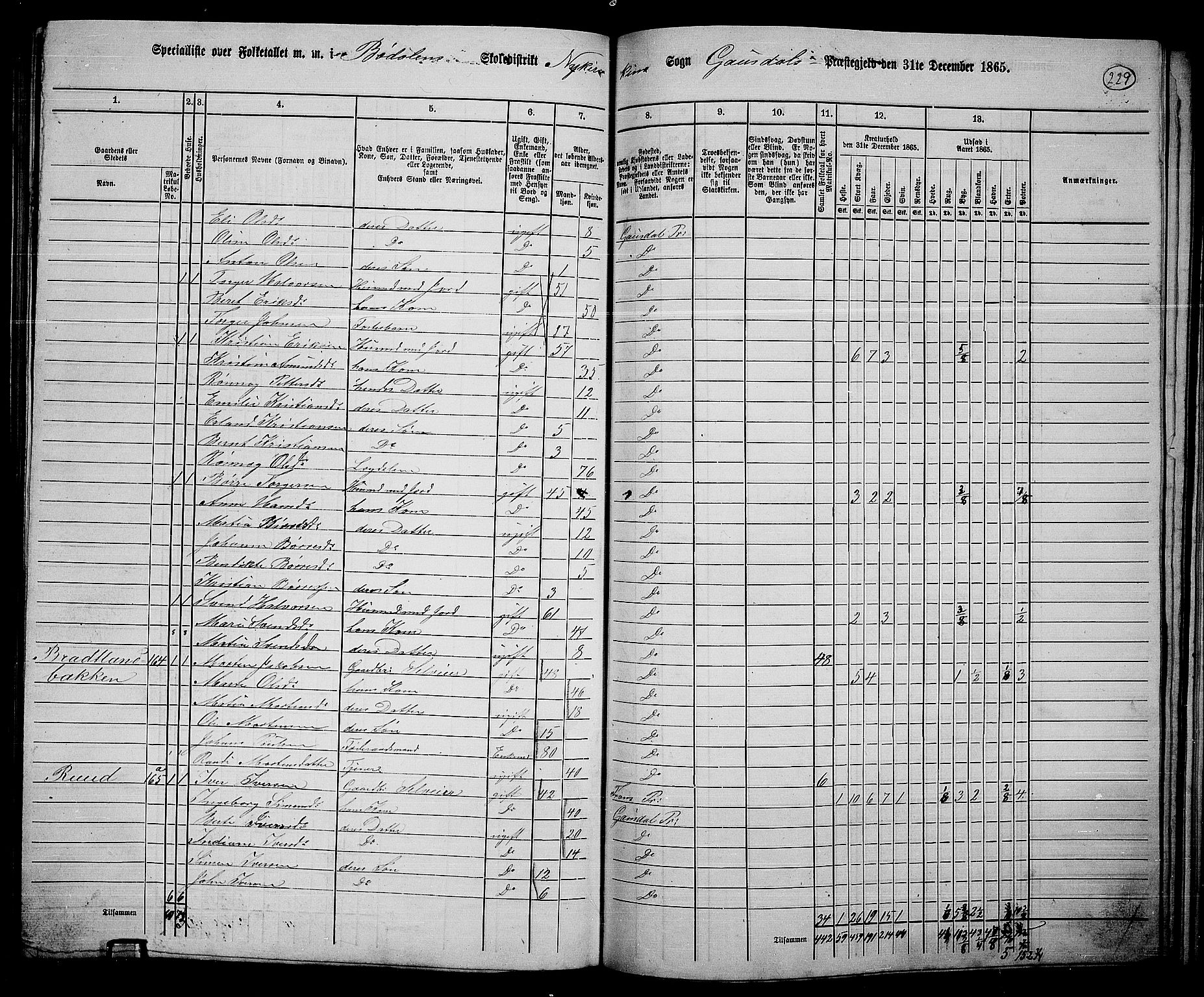 RA, 1865 census for Gausdal, 1865, p. 199