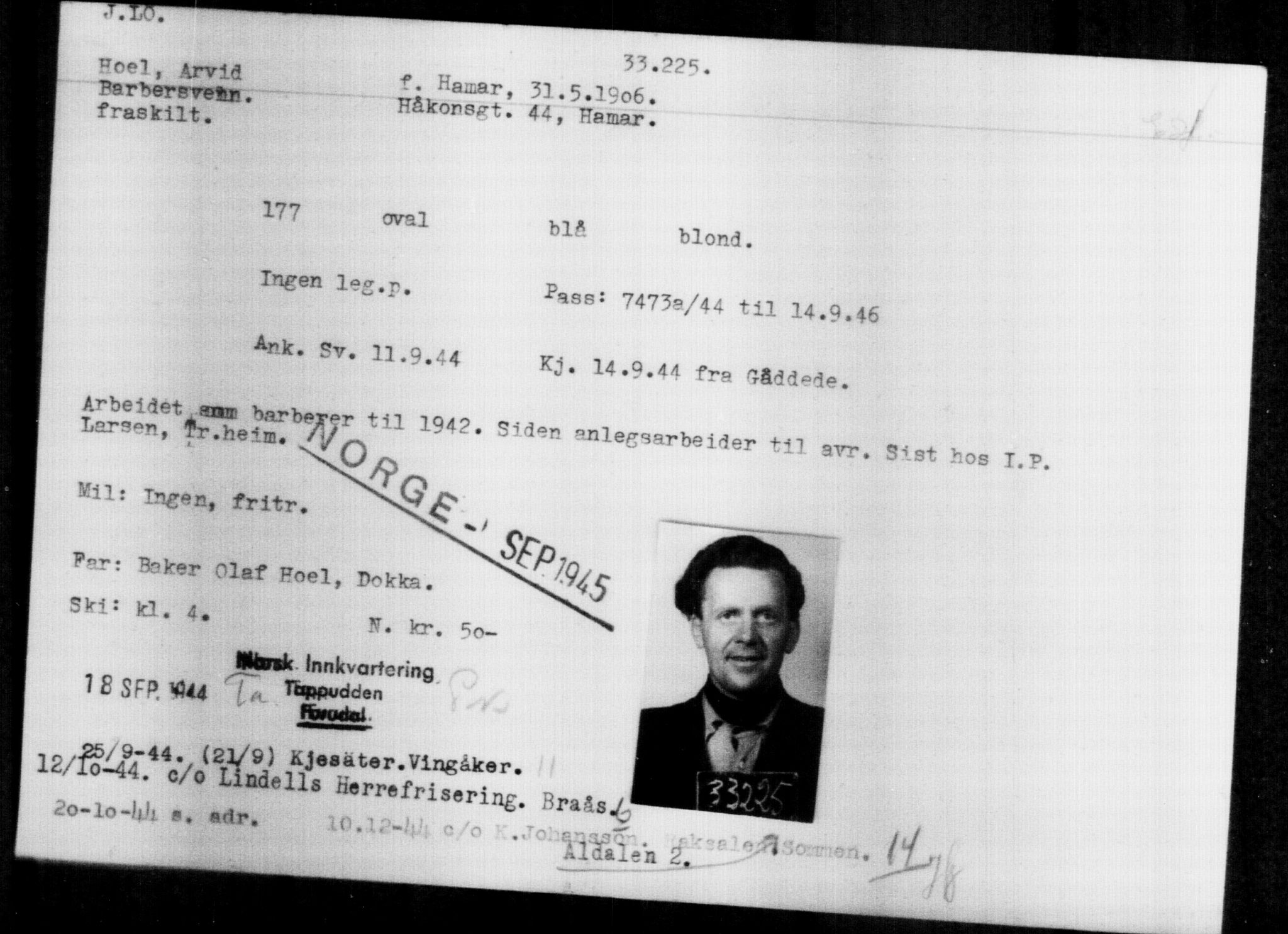 Utenriksstasjonene, Legasjonen i Stockholm, Flyktningkontoret, AV/RA-S-6753/V/Va/L0013: Kjesäterkartoteket, flyktninger med registreringsnr. 31500-34731, 1940-1945, p. 1811