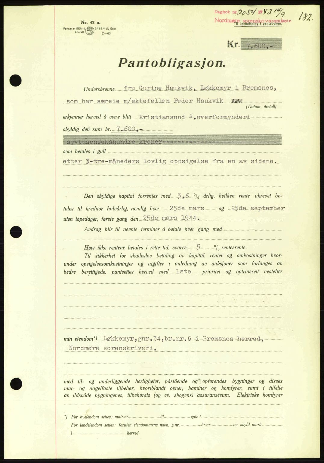 Nordmøre sorenskriveri, AV/SAT-A-4132/1/2/2Ca: Mortgage book no. B91, 1943-1944, Diary no: : 2054/1943