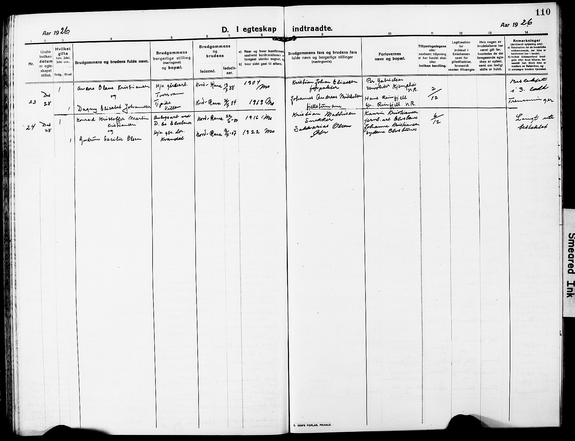 Ministerialprotokoller, klokkerbøker og fødselsregistre - Nordland, AV/SAT-A-1459/827/L0424: Parish register (copy) no. 827C13, 1921-1930, p. 110