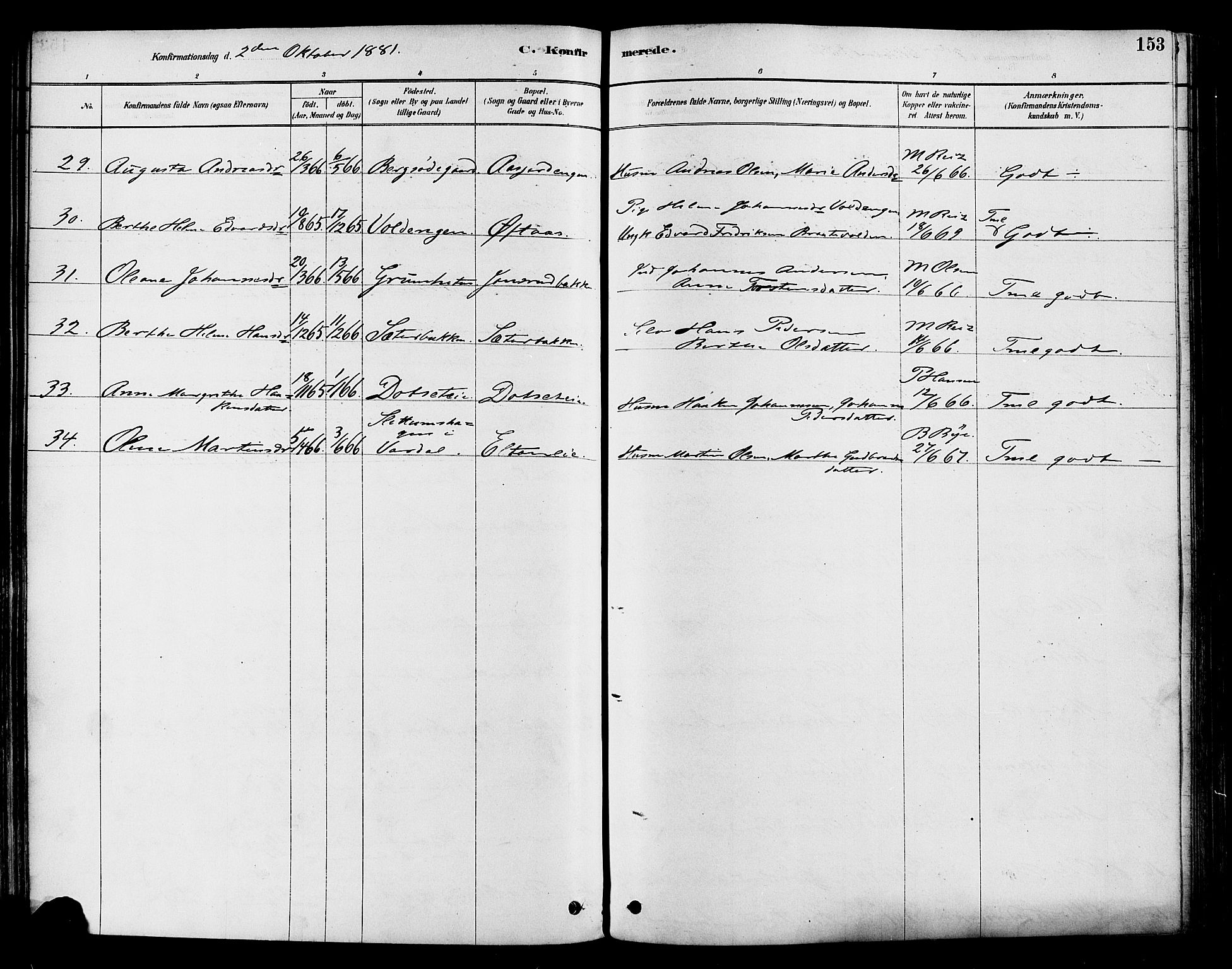 Vestre Toten prestekontor, SAH/PREST-108/H/Ha/Haa/L0009: Parish register (official) no. 9, 1878-1894, p. 153