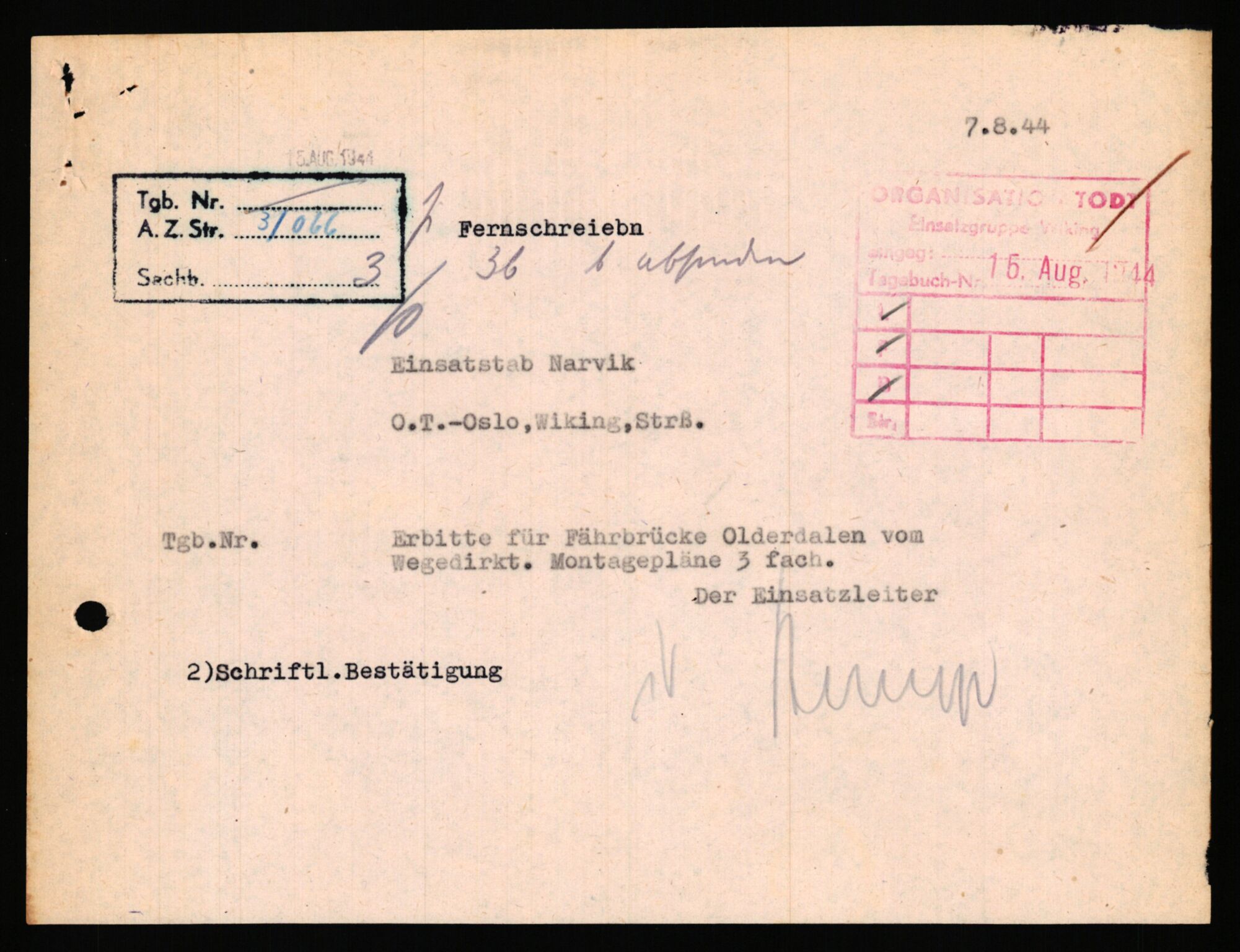 Tyske arkiver, Organisation Todt (OT), Einsatzgruppe Wiking, AV/RA-RAFA-2188/1/E/E2/E2d/L0023: Fähren und Anlegen, 1942-1944, p. 60