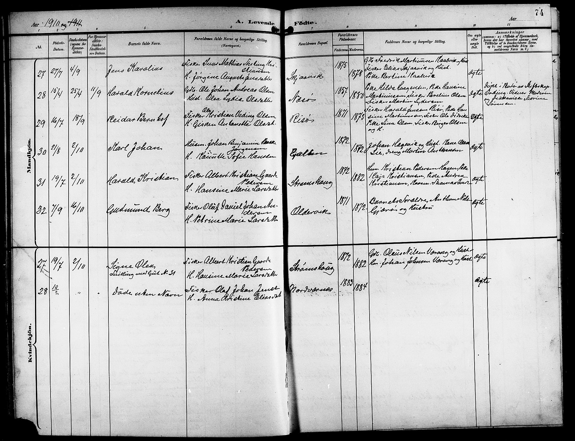 Ministerialprotokoller, klokkerbøker og fødselsregistre - Nordland, AV/SAT-A-1459/841/L0621: Parish register (copy) no. 841C05, 1897-1923, p. 74