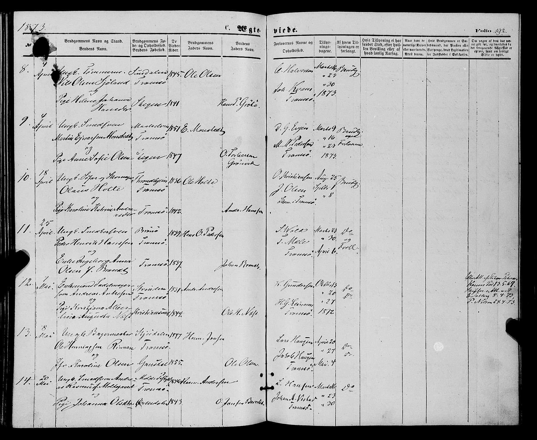 Tromsø sokneprestkontor/stiftsprosti/domprosti, SATØ/S-1343/G/Ga/L0013kirke: Parish register (official) no. 13, 1872-1877, p. 192