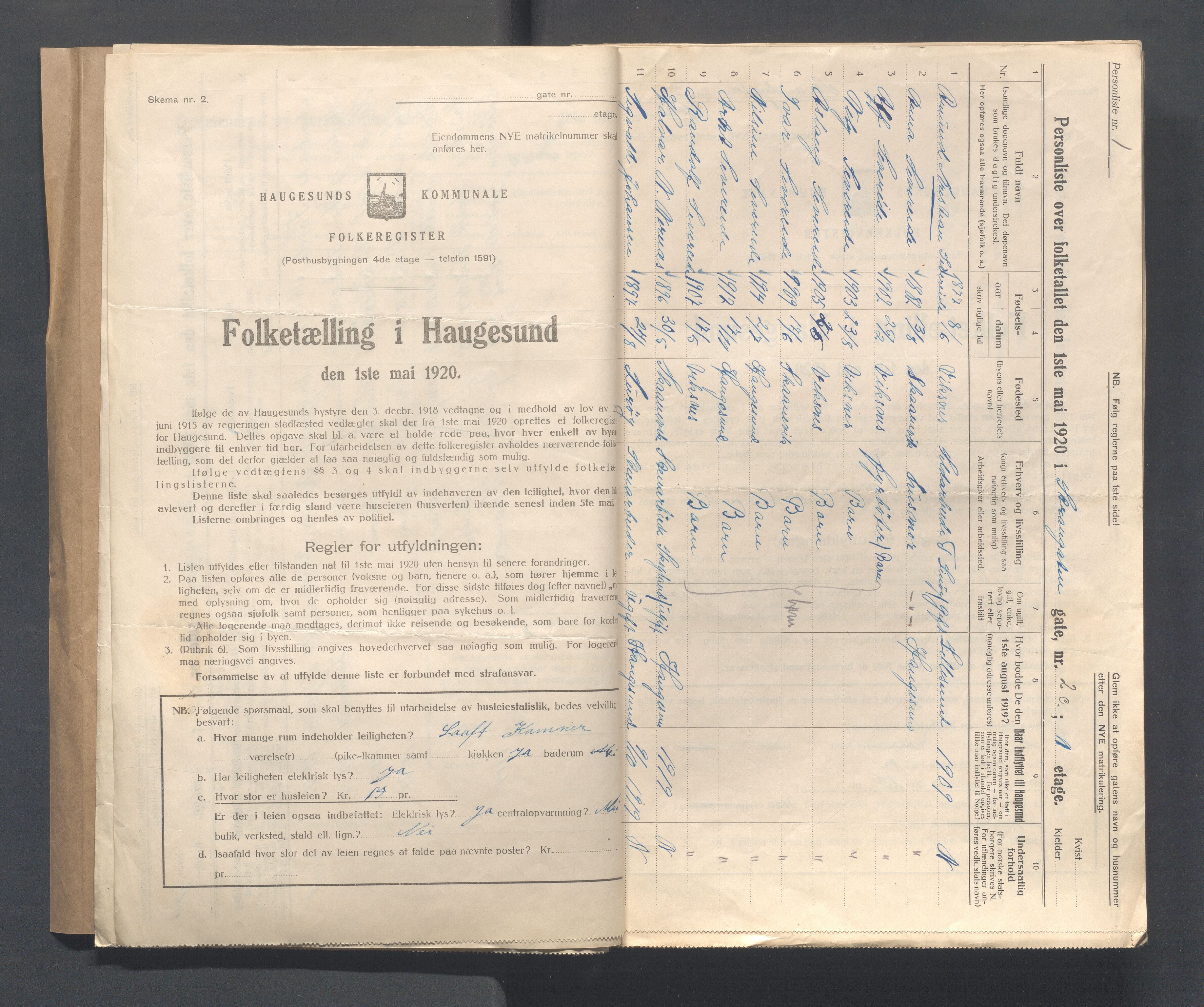 IKAR, Local census 1.5.1920 for Haugesund, 1920, p. 4106