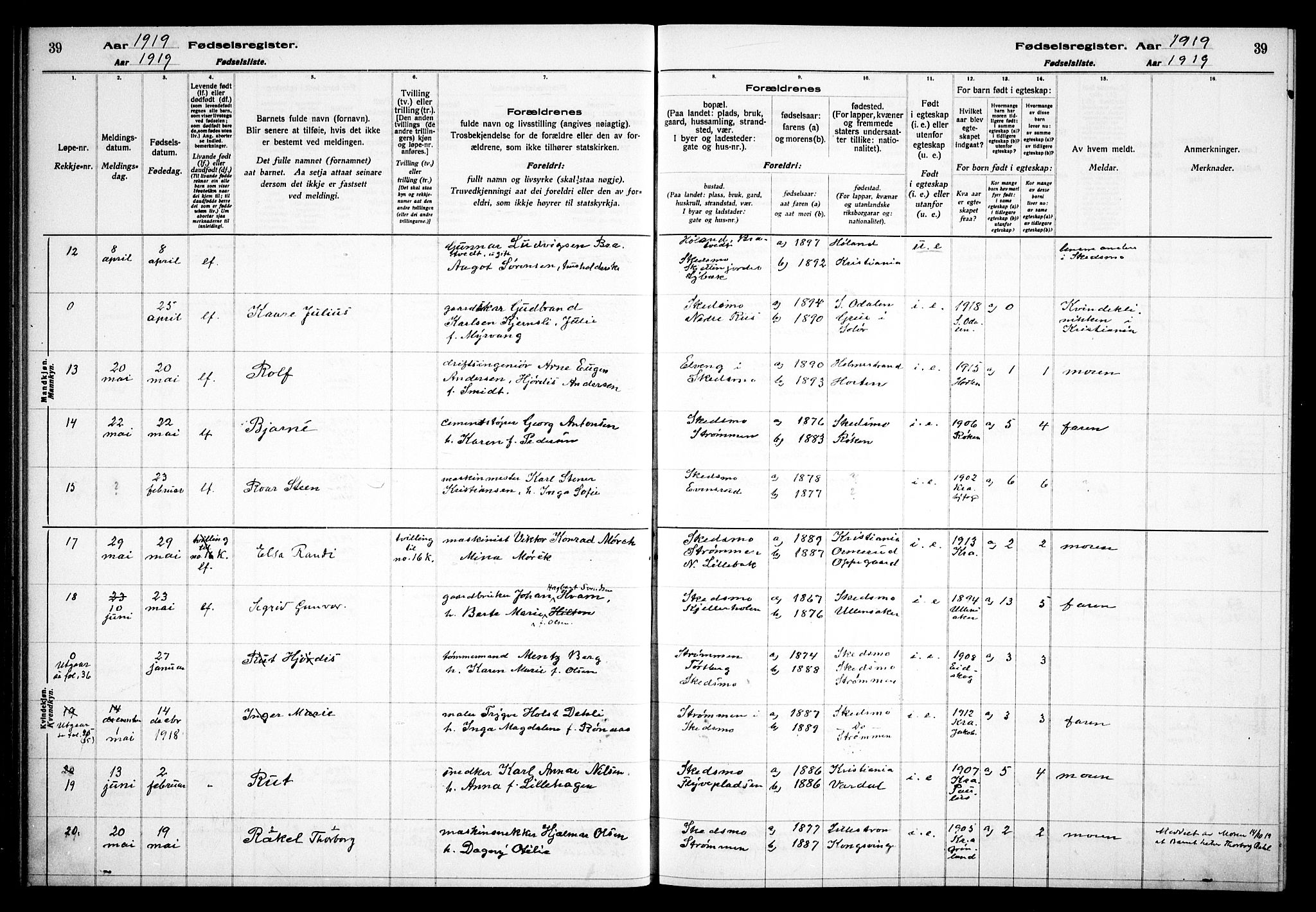 Skedsmo prestekontor Kirkebøker, AV/SAO-A-10033a/J/Ja/L0001: Birth register no. I 1, 1916-1931, p. 39