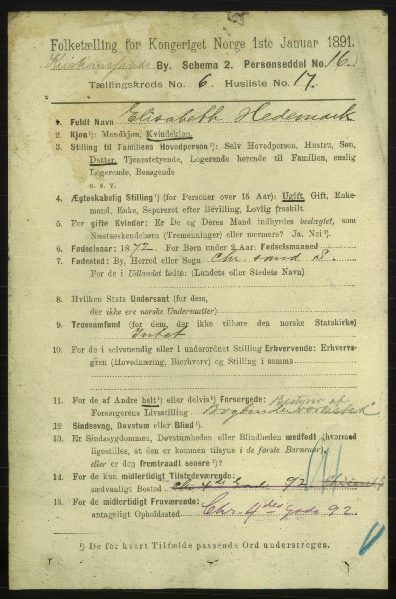 RA, 1891 census for 1001 Kristiansand, 1891, p. 4660