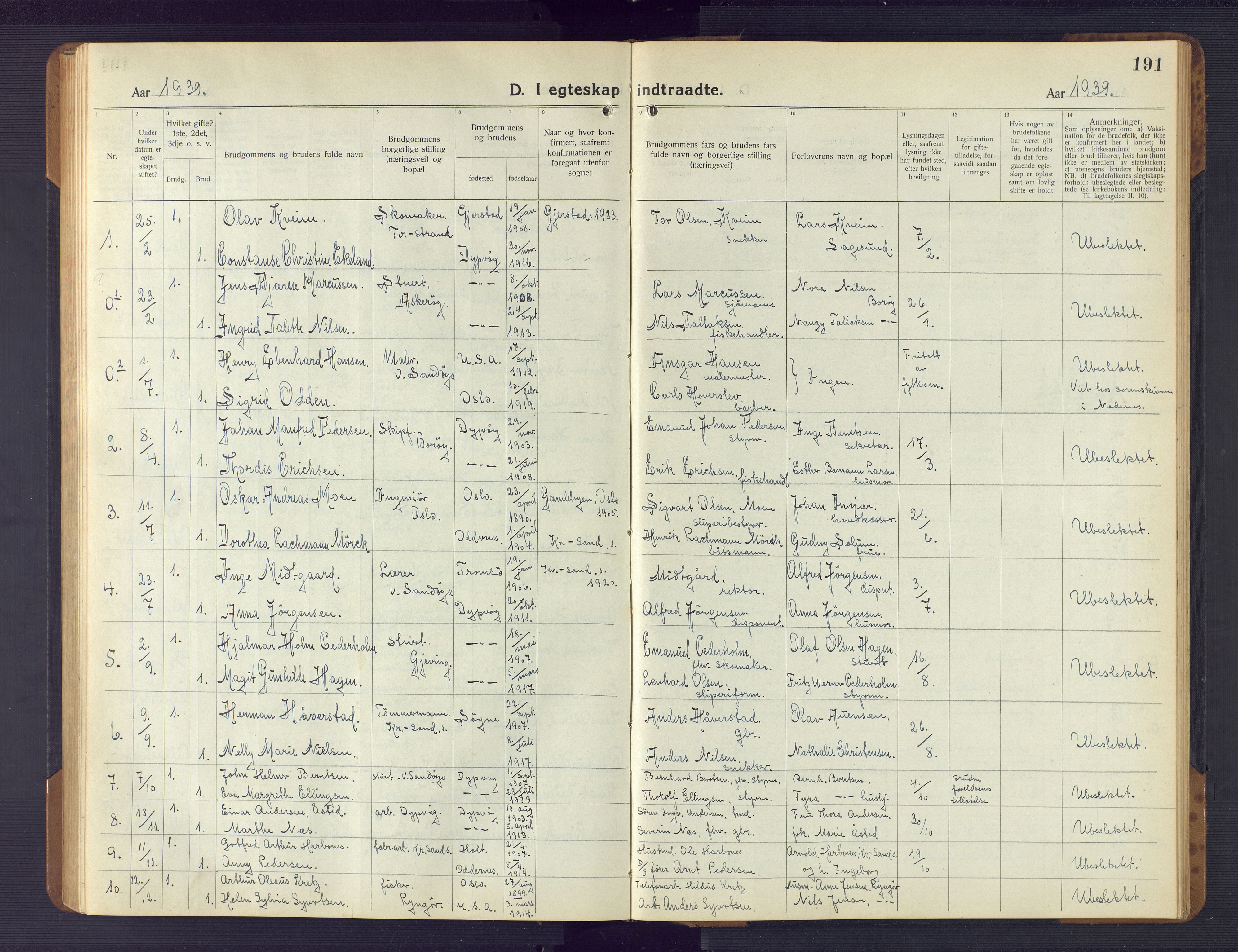 Dypvåg sokneprestkontor, SAK/1111-0007/F/Fb/Fba/L0015: Parish register (copy) no. B 15, 1922-1949, p. 191