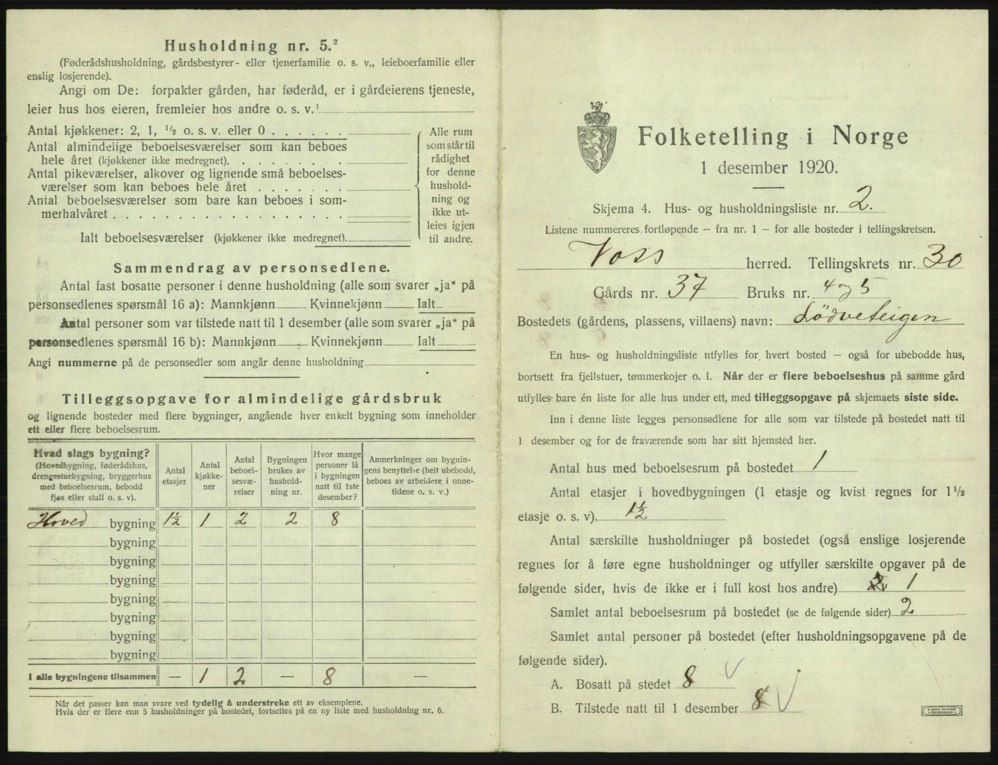 SAB, 1920 census for Voss, 1920, p. 2623