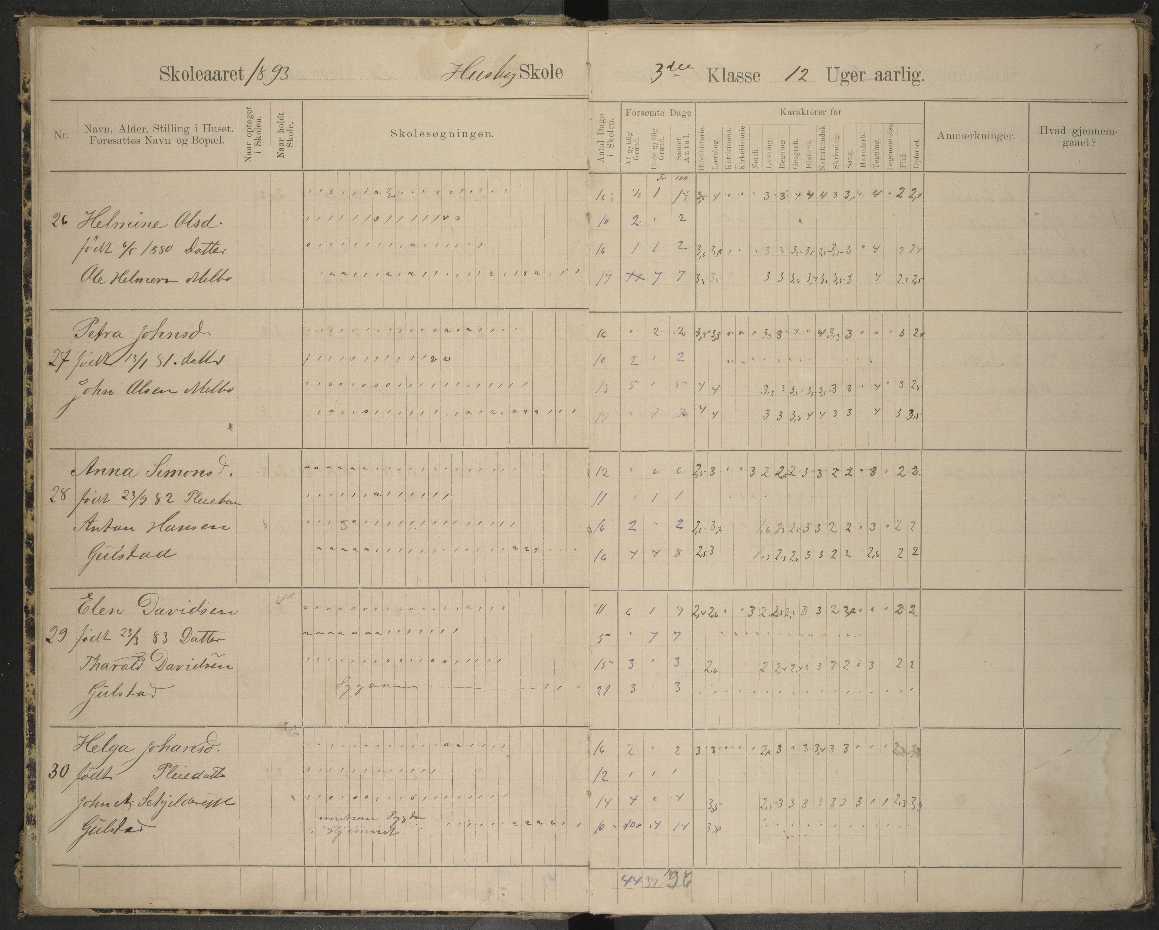 Hadsel kommune. Ymse skolekretser , AIN/K-18660.510.57/F/Fa/L0001: Skoleprotokoll for Husby og Ongstad skole, 1893-1898