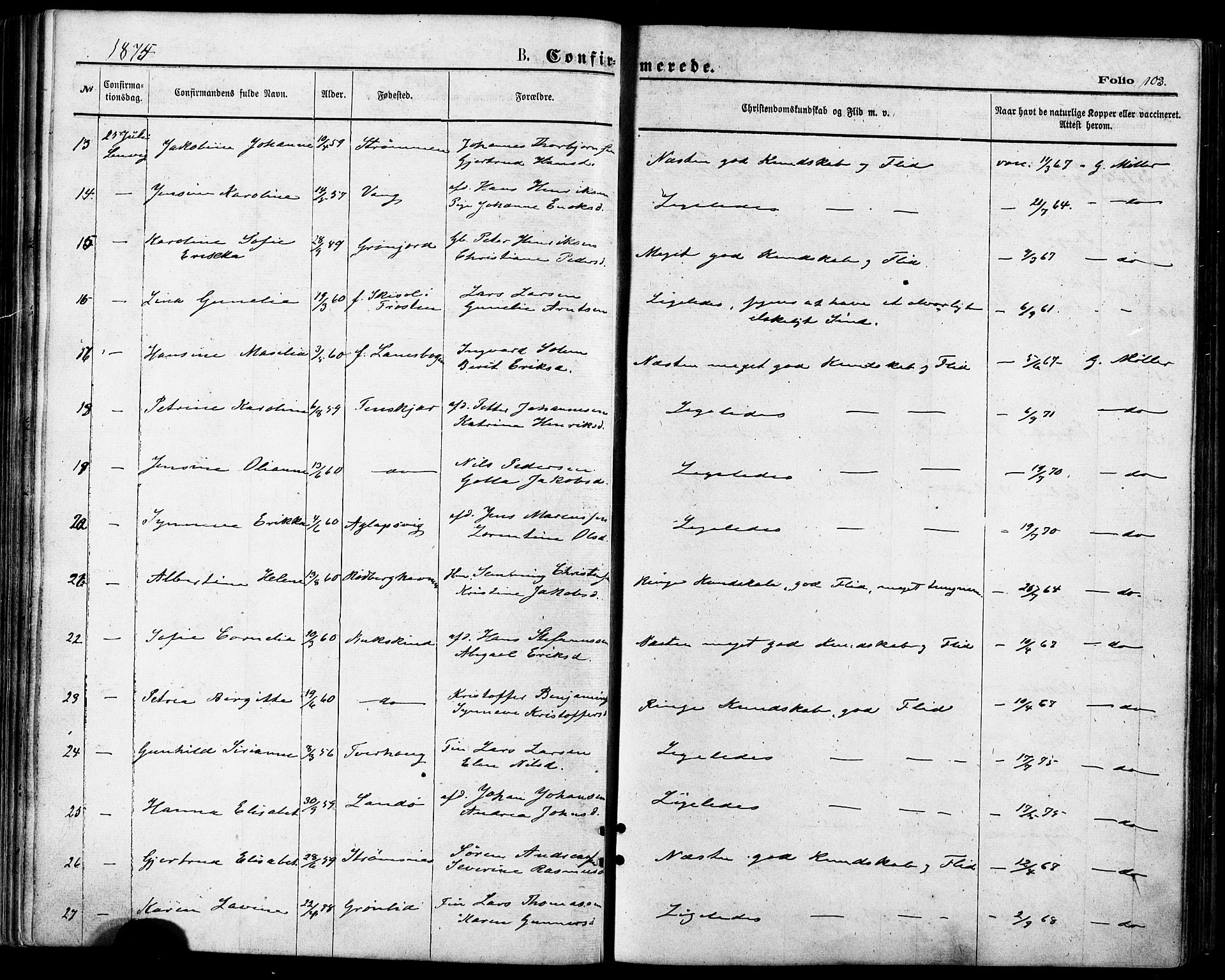 Lenvik sokneprestembete, AV/SATØ-S-1310/H/Ha/Haa/L0010kirke: Parish register (official) no. 10, 1873-1880, p. 103