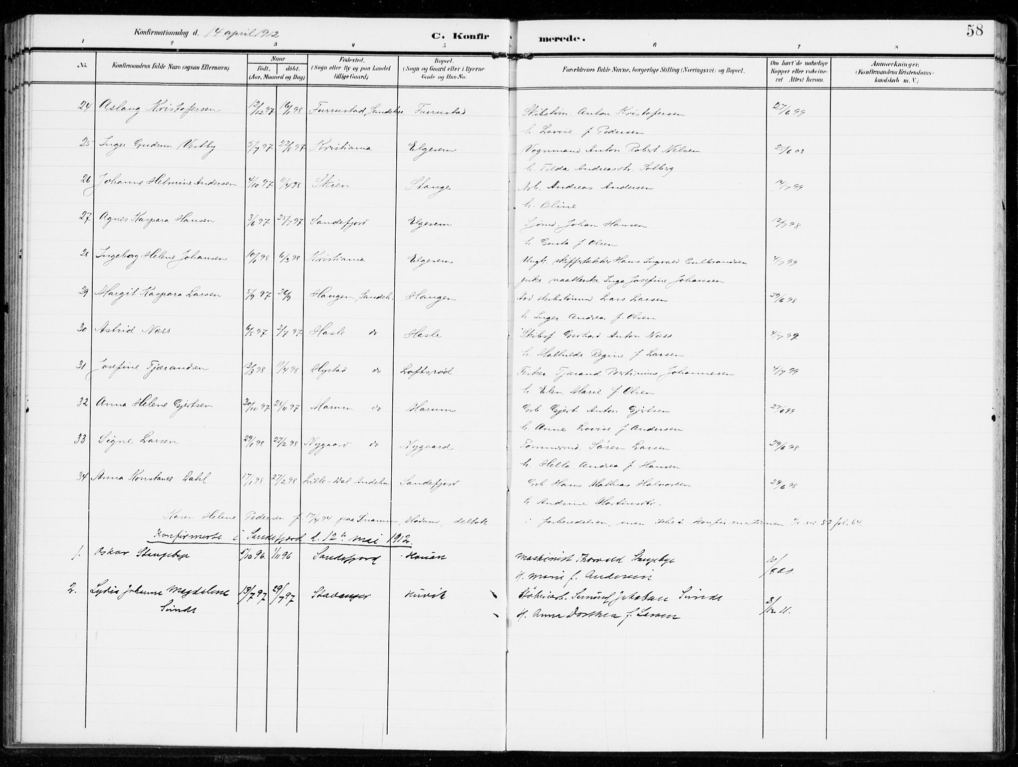 Sandar kirkebøker, AV/SAKO-A-243/F/Fa/L0017: Parish register (official) no. 17, 1907-1917, p. 58