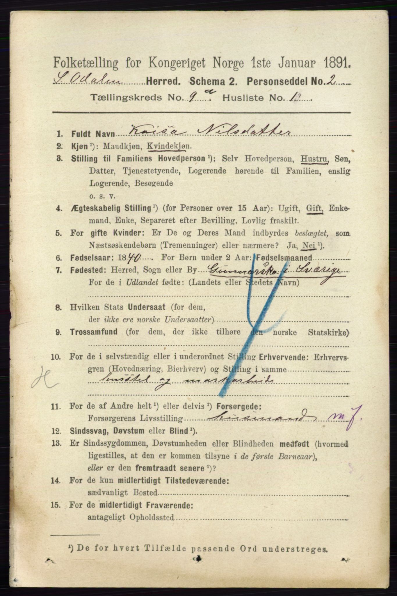 RA, 1891 census for 0419 Sør-Odal, 1891, p. 4072