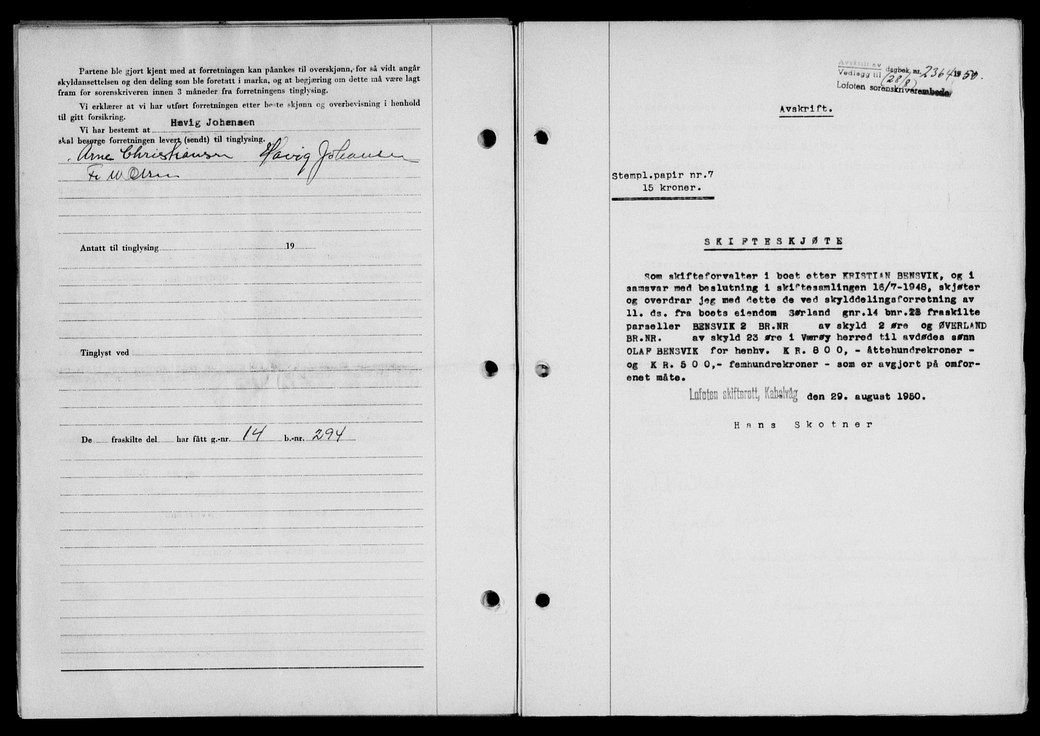 Lofoten sorenskriveri, SAT/A-0017/1/2/2C/L0024a: Mortgage book no. 24a, 1950-1950, Diary no: : 2364/1950