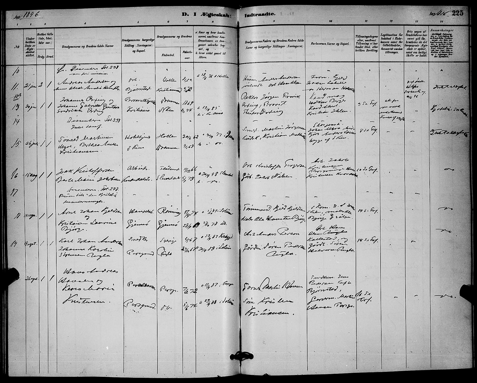 Solum kirkebøker, SAKO/A-306/G/Ga/L0007: Parish register (copy) no. I 7, 1884-1898, p. 225