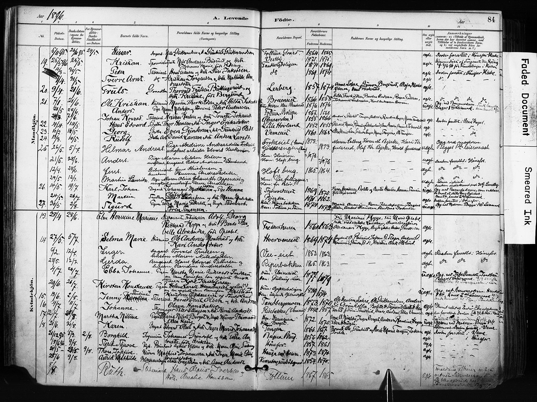 Norderhov kirkebøker, AV/SAKO-A-237/F/Fa/L0016: Parish register (official) no. 16, 1885-1902, p. 84