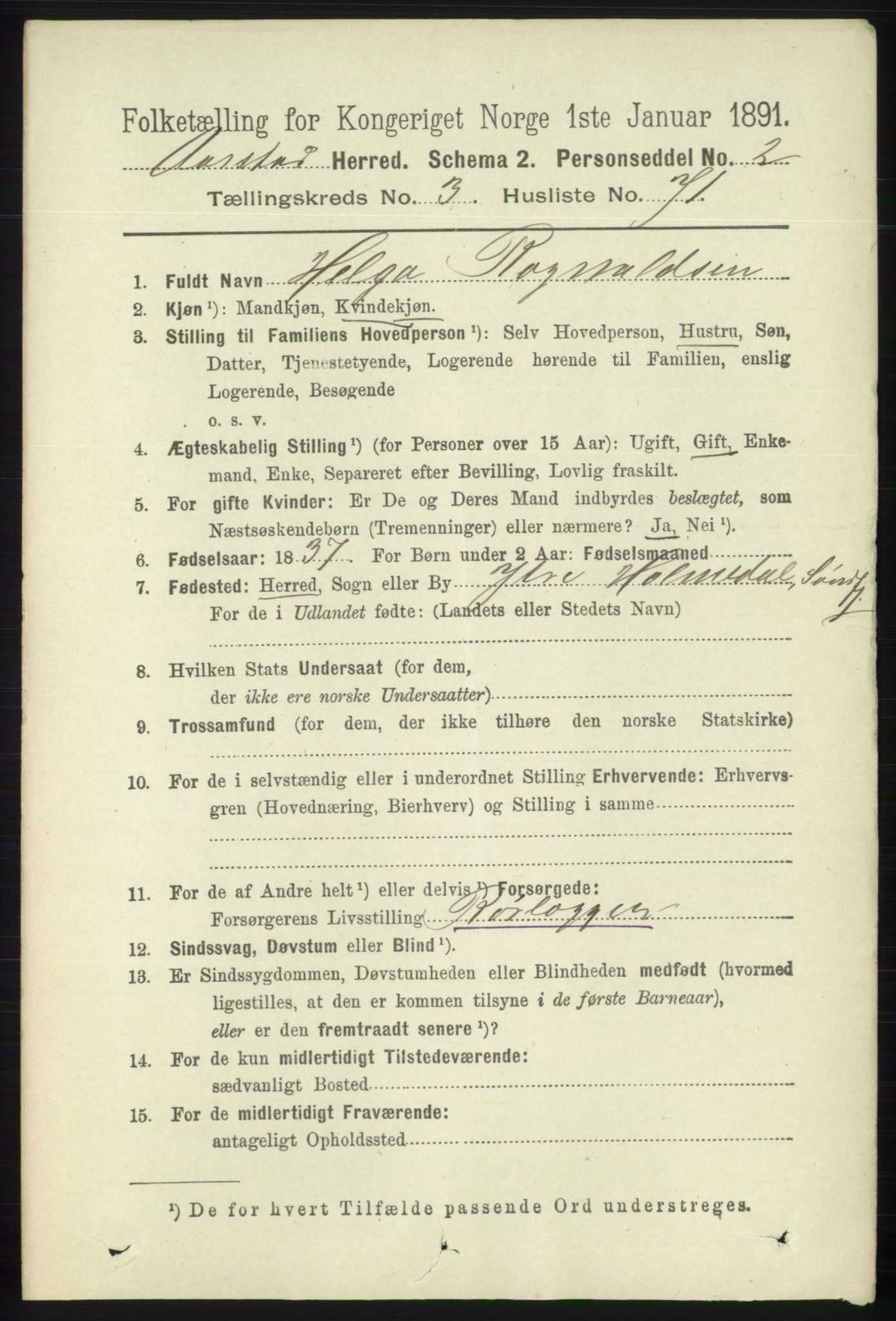 SAB, 1891 Census for 1280 Årstad, 1891, p. 2870