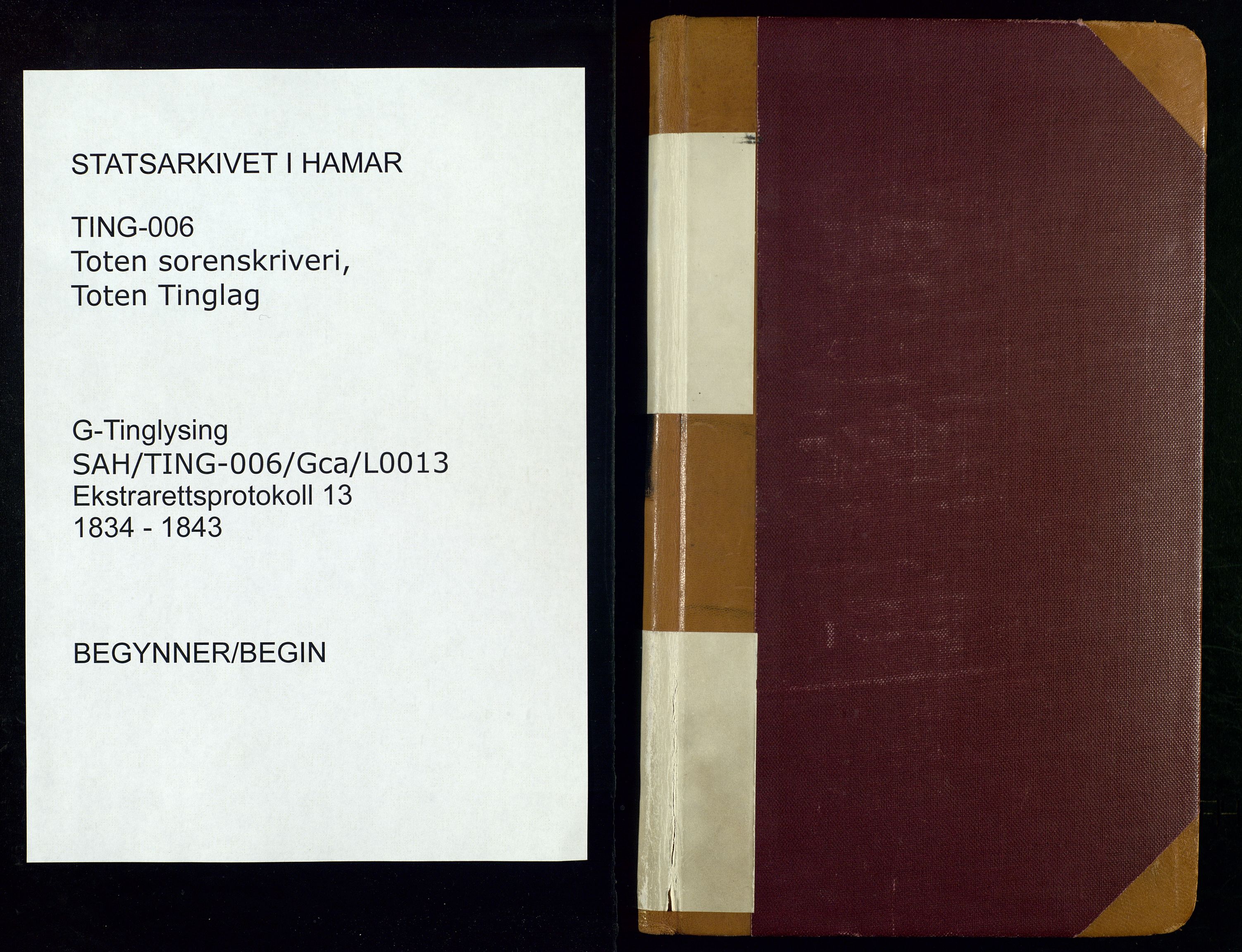 Toten tingrett, SAH/TING-006/G/Gc/Gca/L0013: Ekstrarettsprotokoll - Toten, 1834-1843