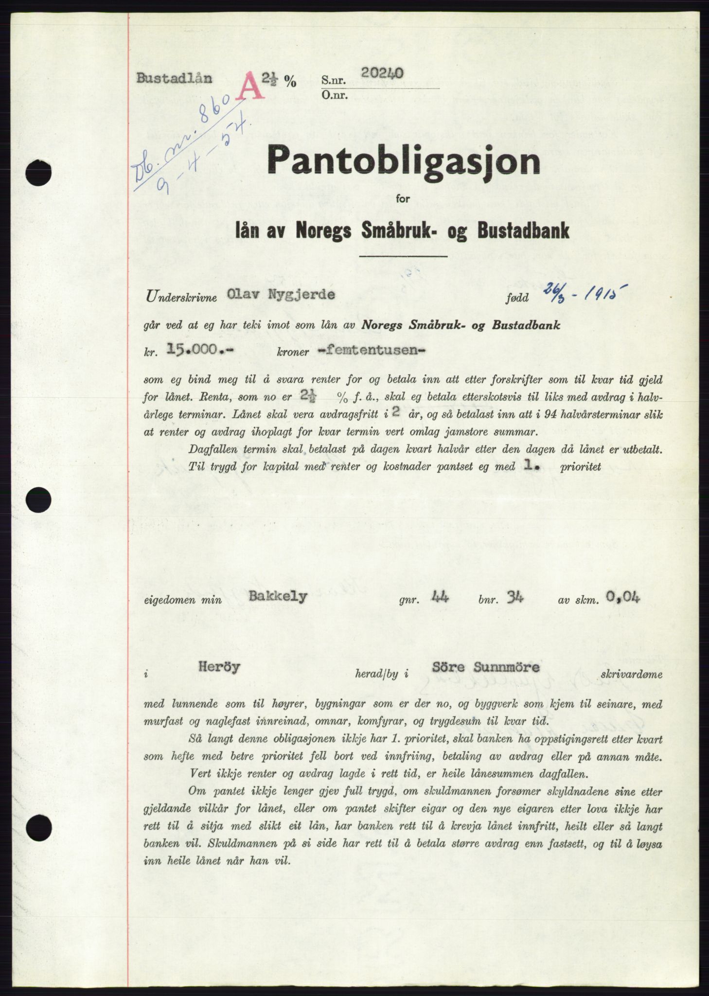 Søre Sunnmøre sorenskriveri, AV/SAT-A-4122/1/2/2C/L0124: Mortgage book no. 12B, 1953-1954, Diary no: : 860/1954