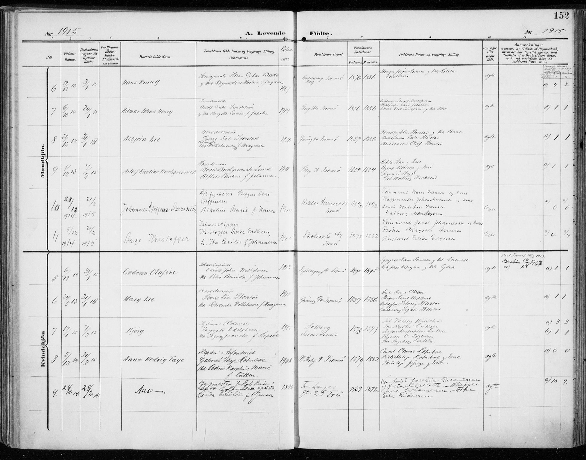 Tromsø sokneprestkontor/stiftsprosti/domprosti, AV/SATØ-S-1343/G/Ga/L0017kirke: Parish register (official) no. 17, 1907-1917, p. 152