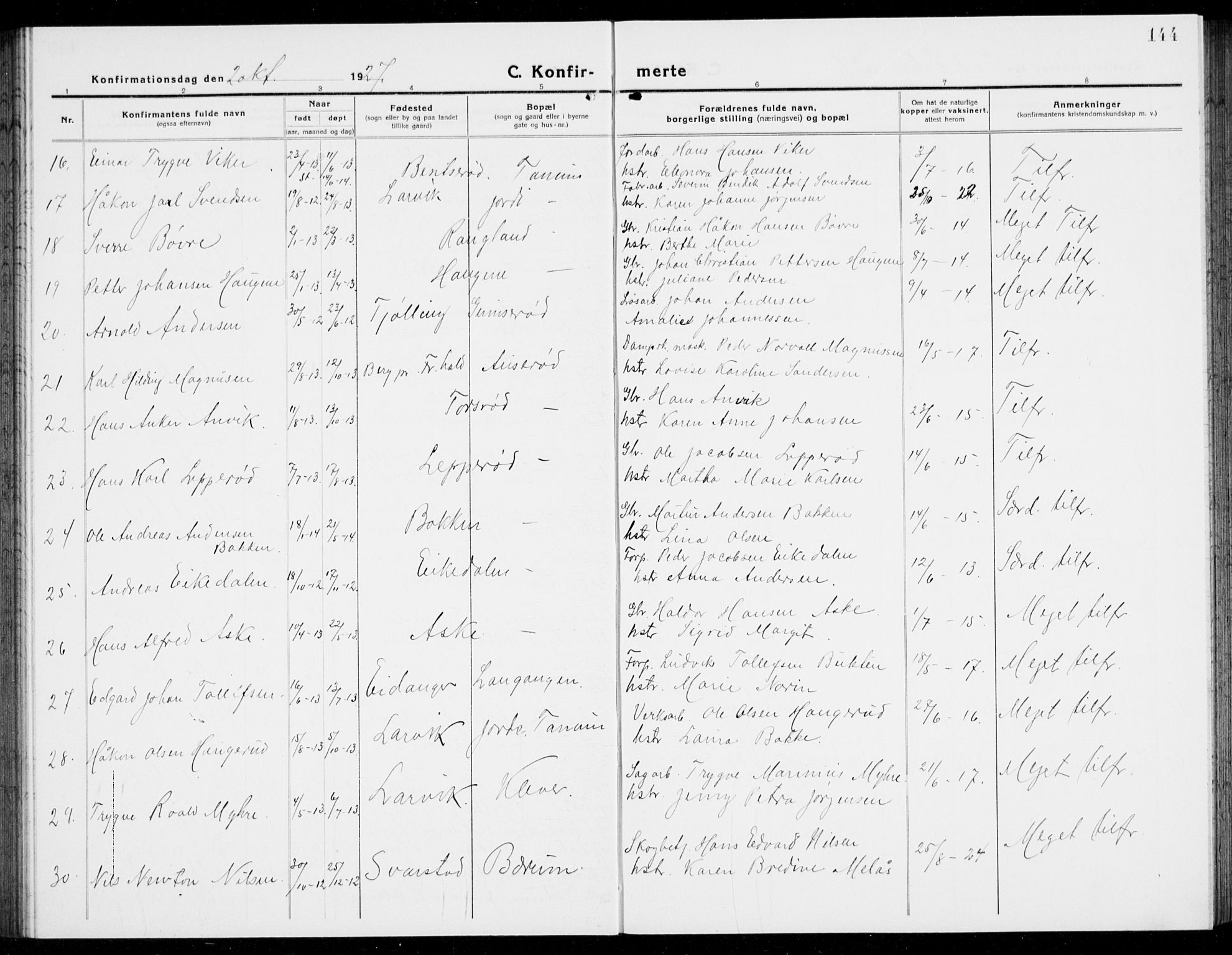 Brunlanes kirkebøker, AV/SAKO-A-342/G/Ga/L0005: Parish register (copy) no. I 5, 1918-1941, p. 144