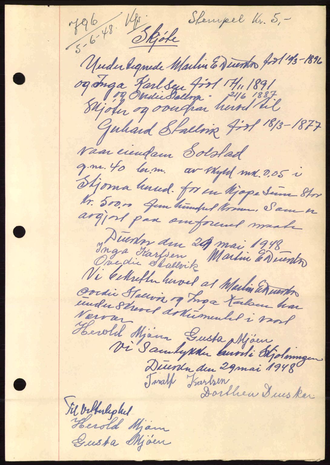 Fosen sorenskriveri, AV/SAT-A-1107/1/2/2C: Mortgage book no. A8, 1948-1948, Diary no: : 796/1948