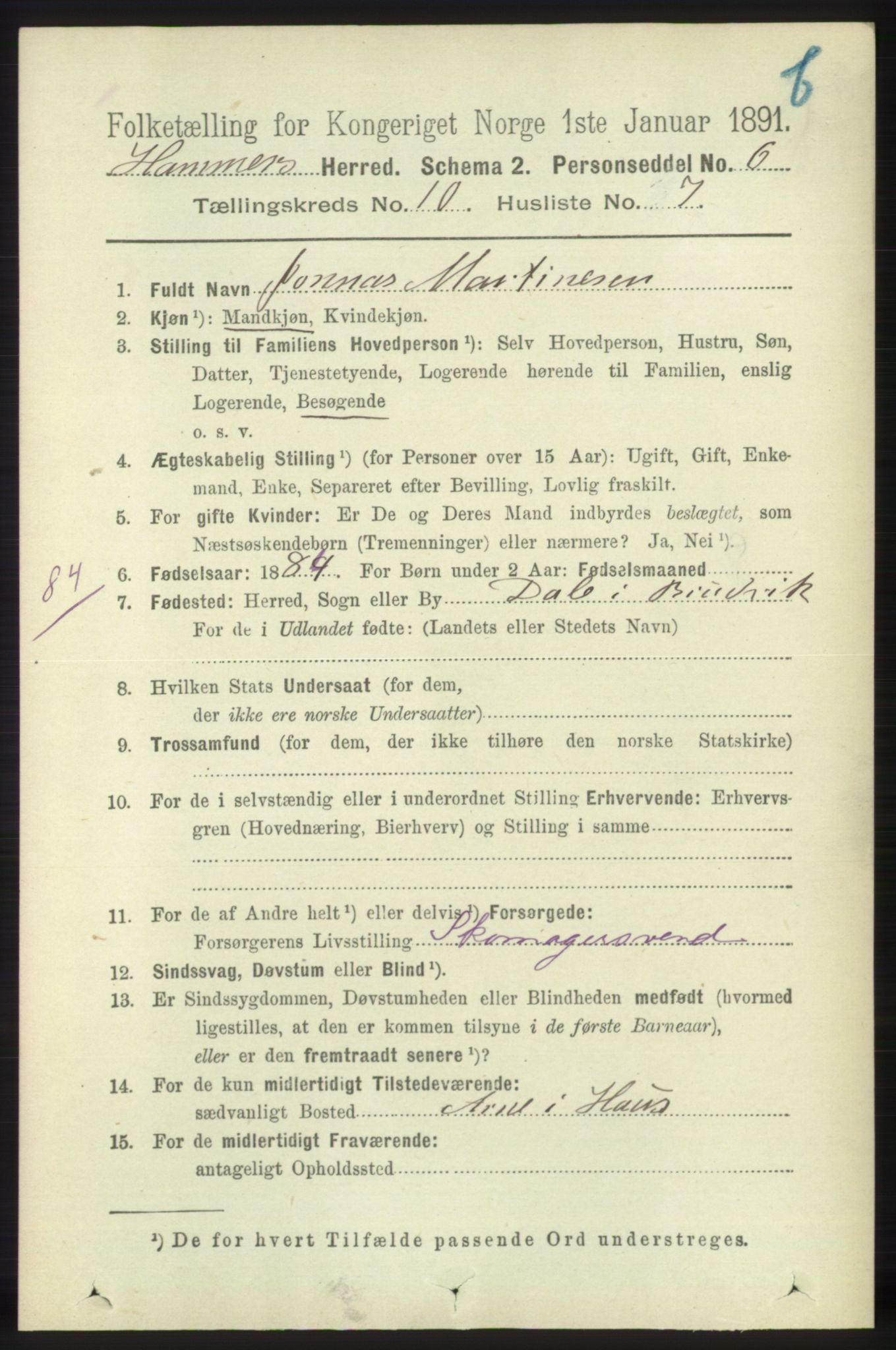 RA, 1891 census for 1254 Hamre, 1891, p. 3077