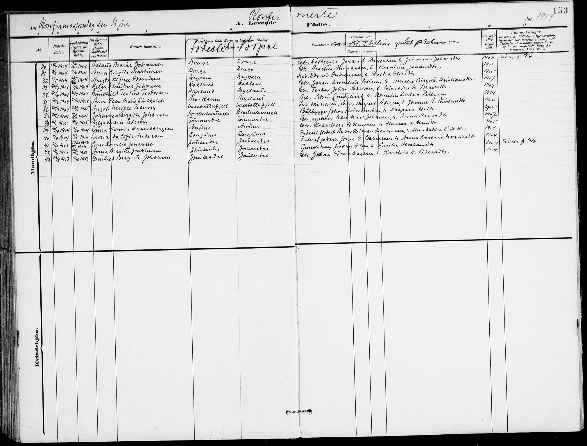 Ministerialprotokoller, klokkerbøker og fødselsregistre - Nordland, AV/SAT-A-1459/847/L0672: Parish register (official) no. 847A12, 1902-1919, p. 153