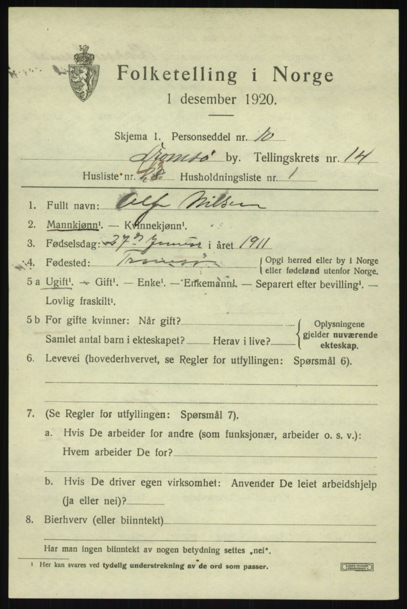 SATØ, 1920 census for Tromsø, 1920, p. 27075