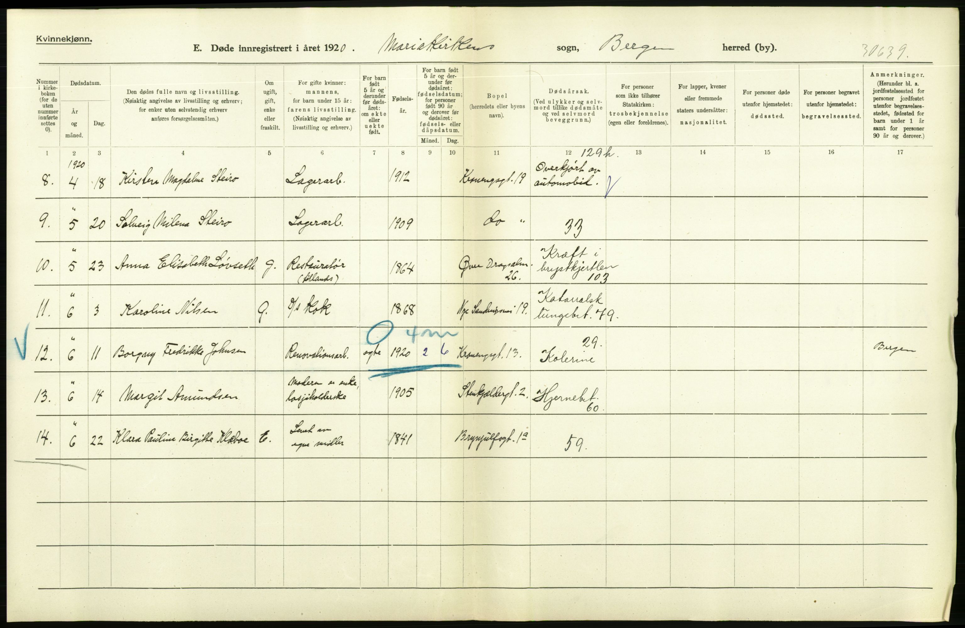 Statistisk sentralbyrå, Sosiodemografiske emner, Befolkning, AV/RA-S-2228/D/Df/Dfb/Dfbj/L0042: Bergen: Gifte, døde, dødfødte., 1920, p. 516