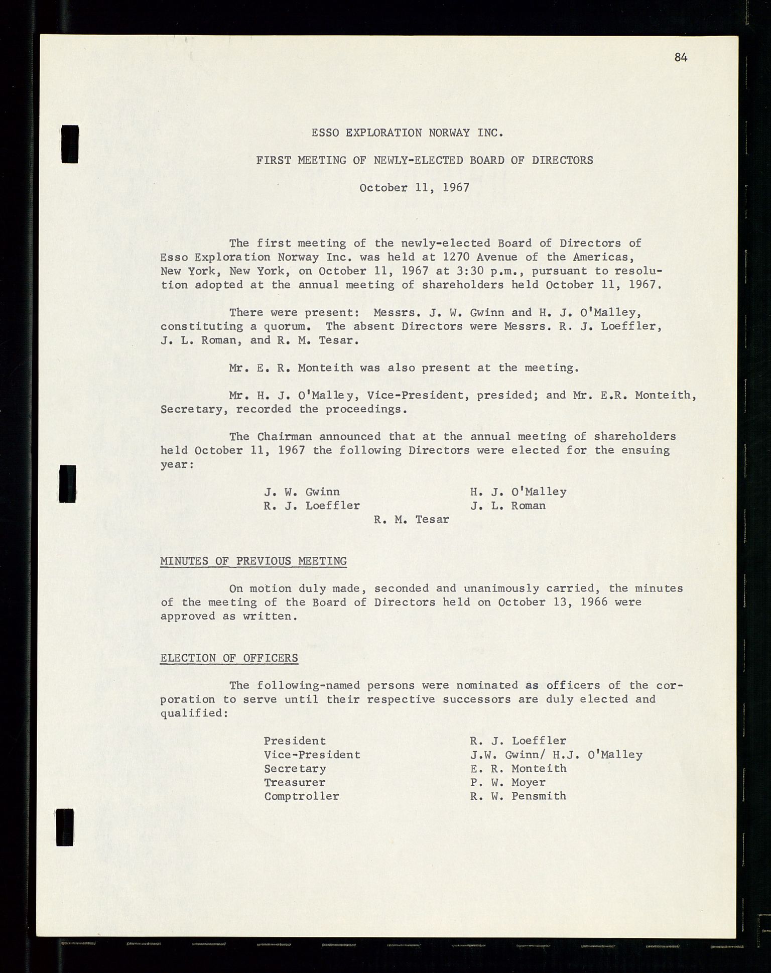 Pa 1512 - Esso Exploration and Production Norway Inc., SAST/A-101917/A/Aa/L0001/0001: Styredokumenter / Corporate records, By-Laws, Board meeting minutes, Incorporations, 1965-1975, p. 84