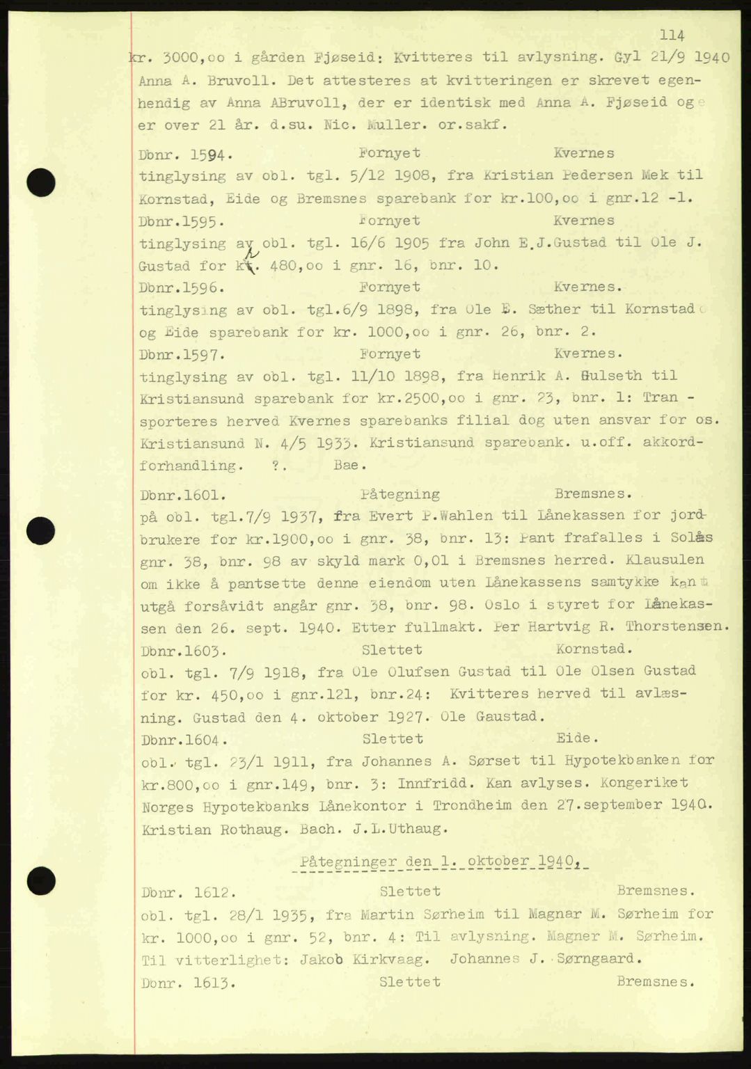 Nordmøre sorenskriveri, AV/SAT-A-4132/1/2/2Ca: Mortgage book no. C81, 1940-1945, Diary no: : 1594/1940