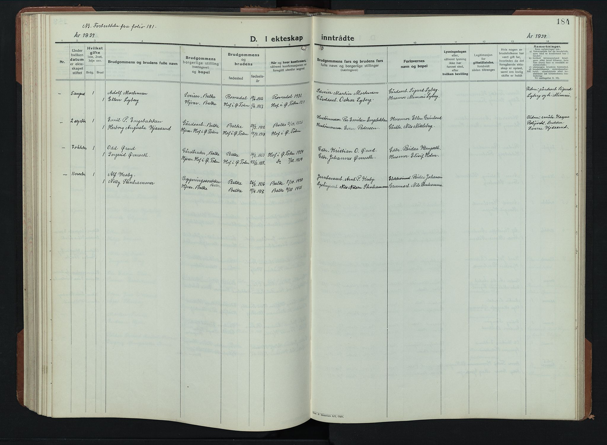 Balke prestekontor, SAH/PREST-106/H/Ha/Hab/L0002: Parish register (copy) no. 2, 1929-1951, p. 184