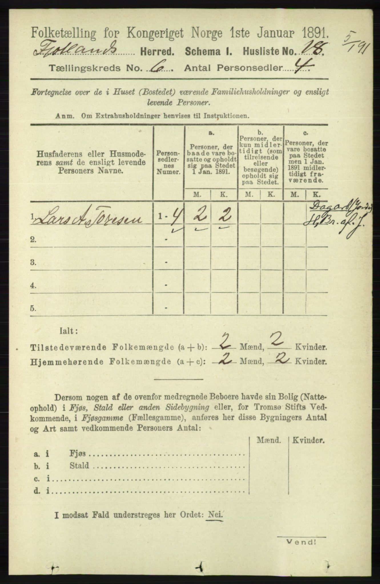 RA, 1891 census for 1036 Fjotland, 1891, p. 854