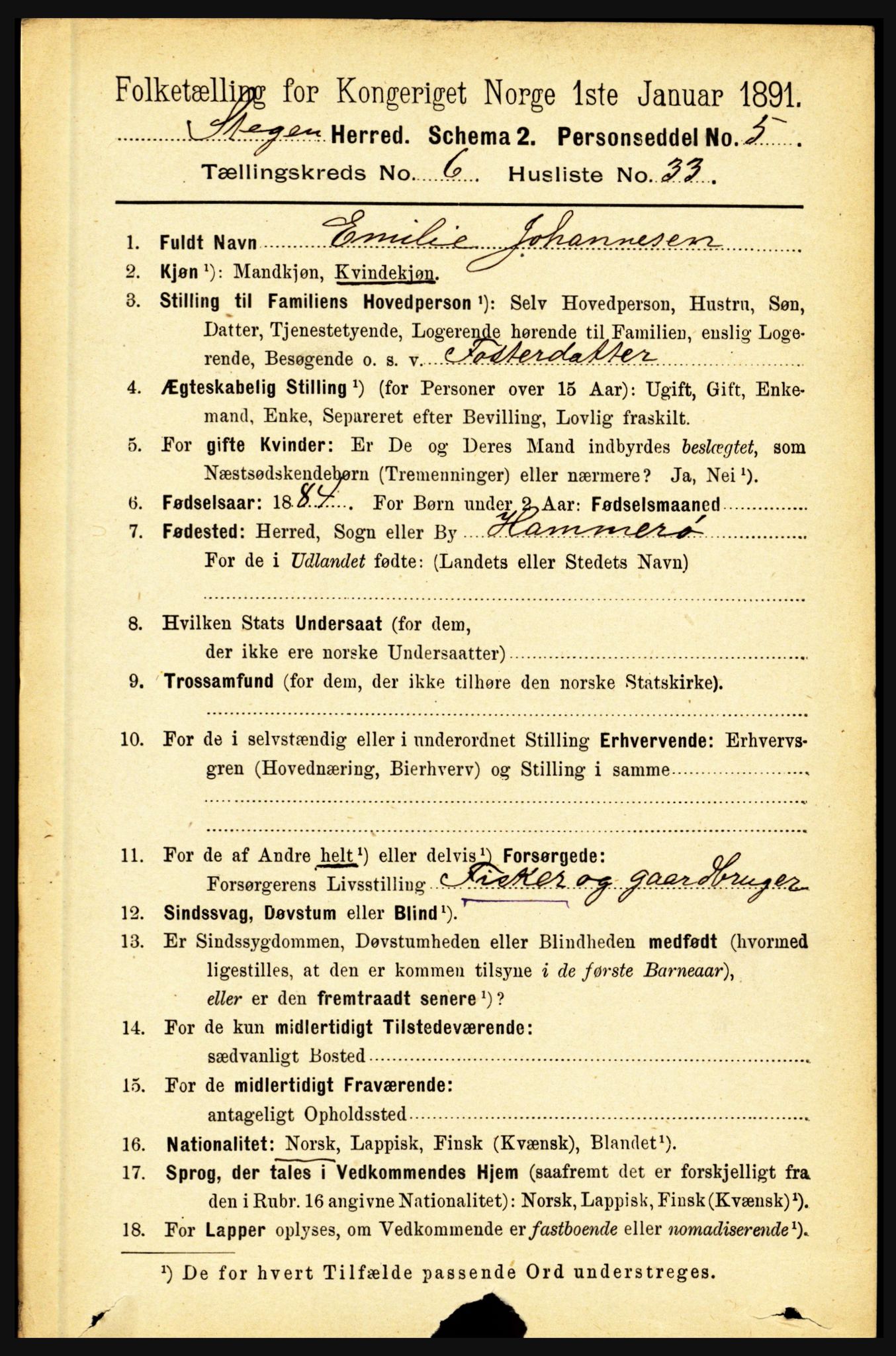 RA, 1891 census for 1848 Steigen, 1891, p. 2215