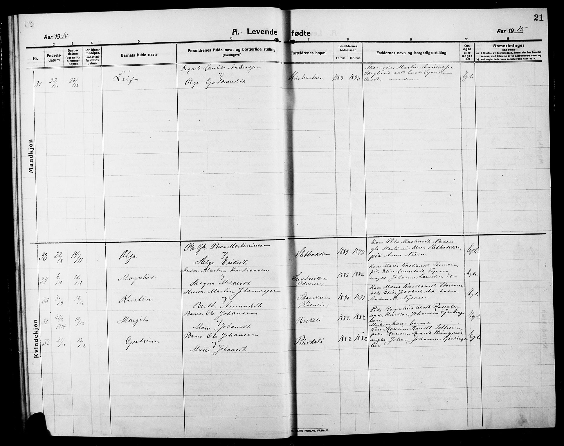 Søndre Land prestekontor, SAH/PREST-122/L/L0006: Parish register (copy) no. 6, 1912-1925, p. 21