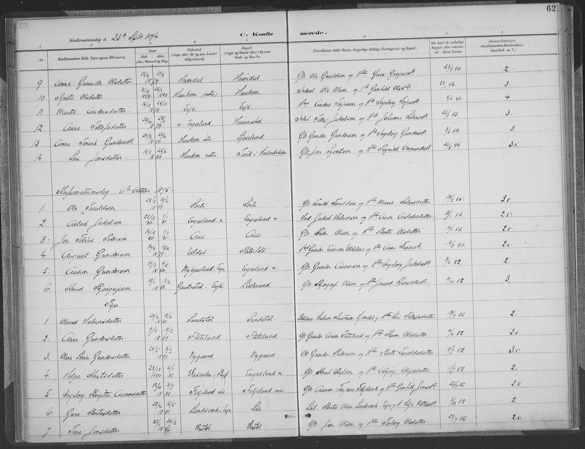 Herefoss sokneprestkontor, SAK/1111-0019/F/Fa/Fab/L0004: Parish register (official) no. A 4, 1887-1909, p. 62