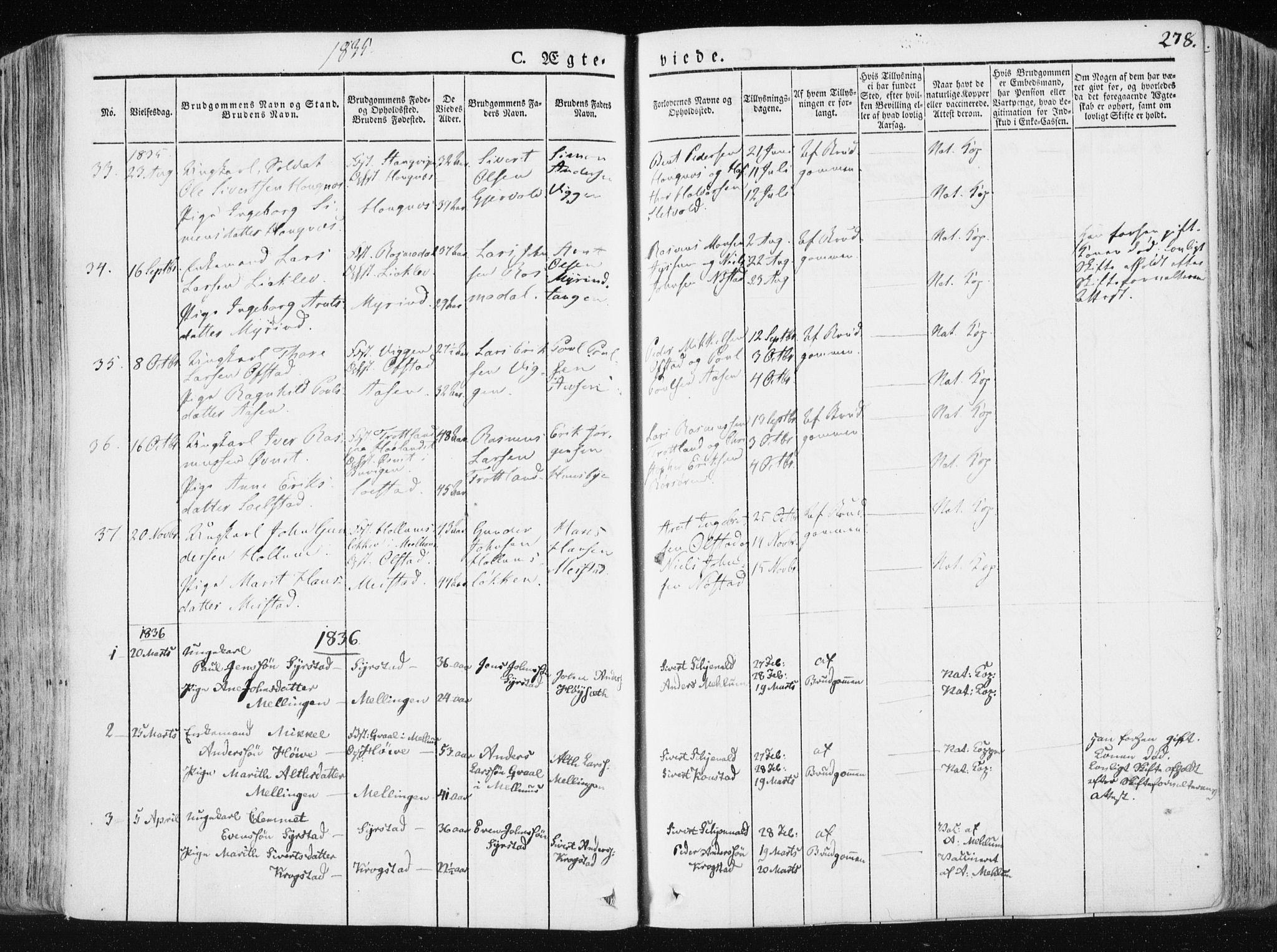 Ministerialprotokoller, klokkerbøker og fødselsregistre - Sør-Trøndelag, SAT/A-1456/665/L0771: Parish register (official) no. 665A06, 1830-1856, p. 278