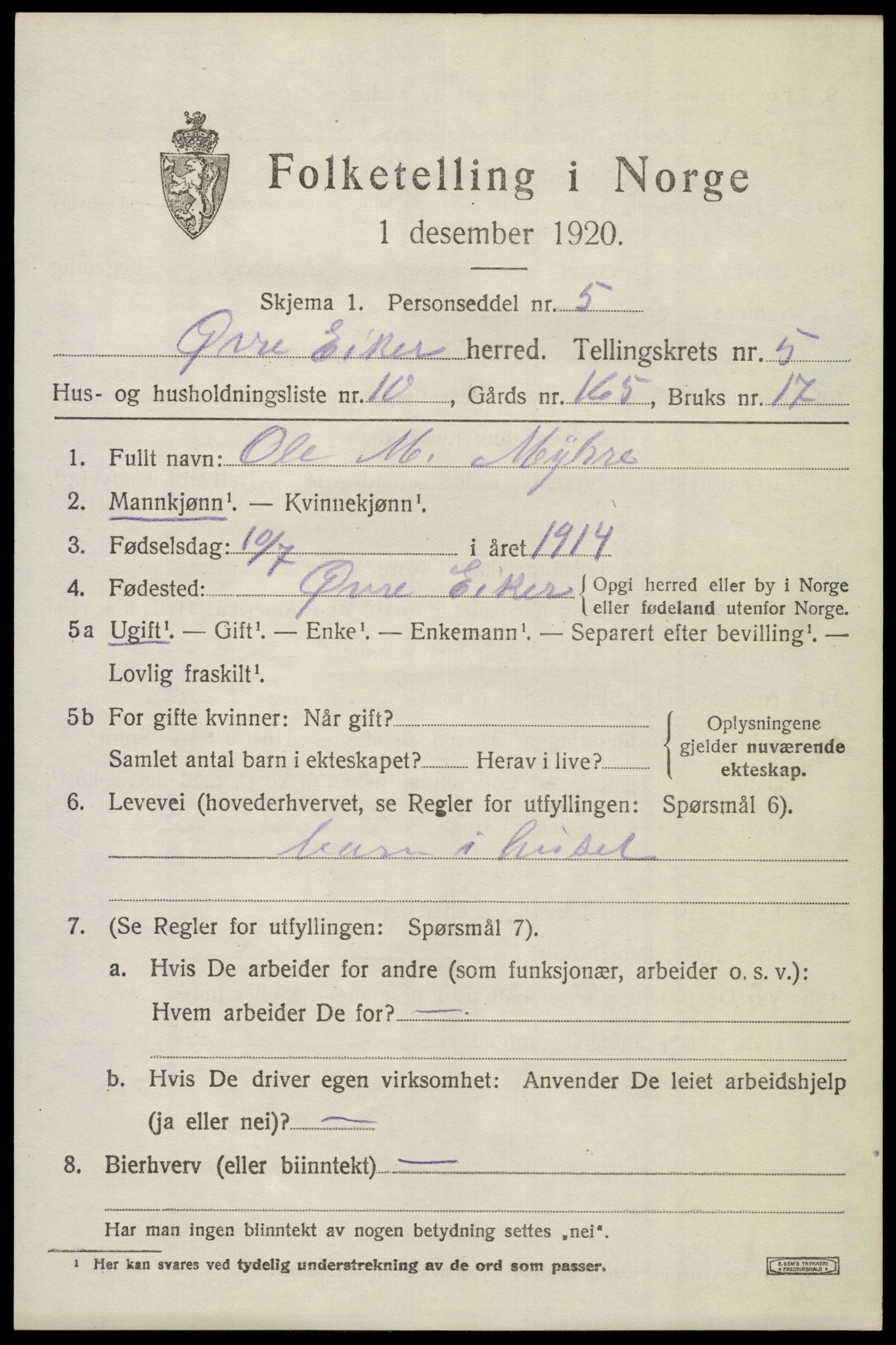 SAKO, 1920 census for Øvre Eiker, 1920, p. 12130