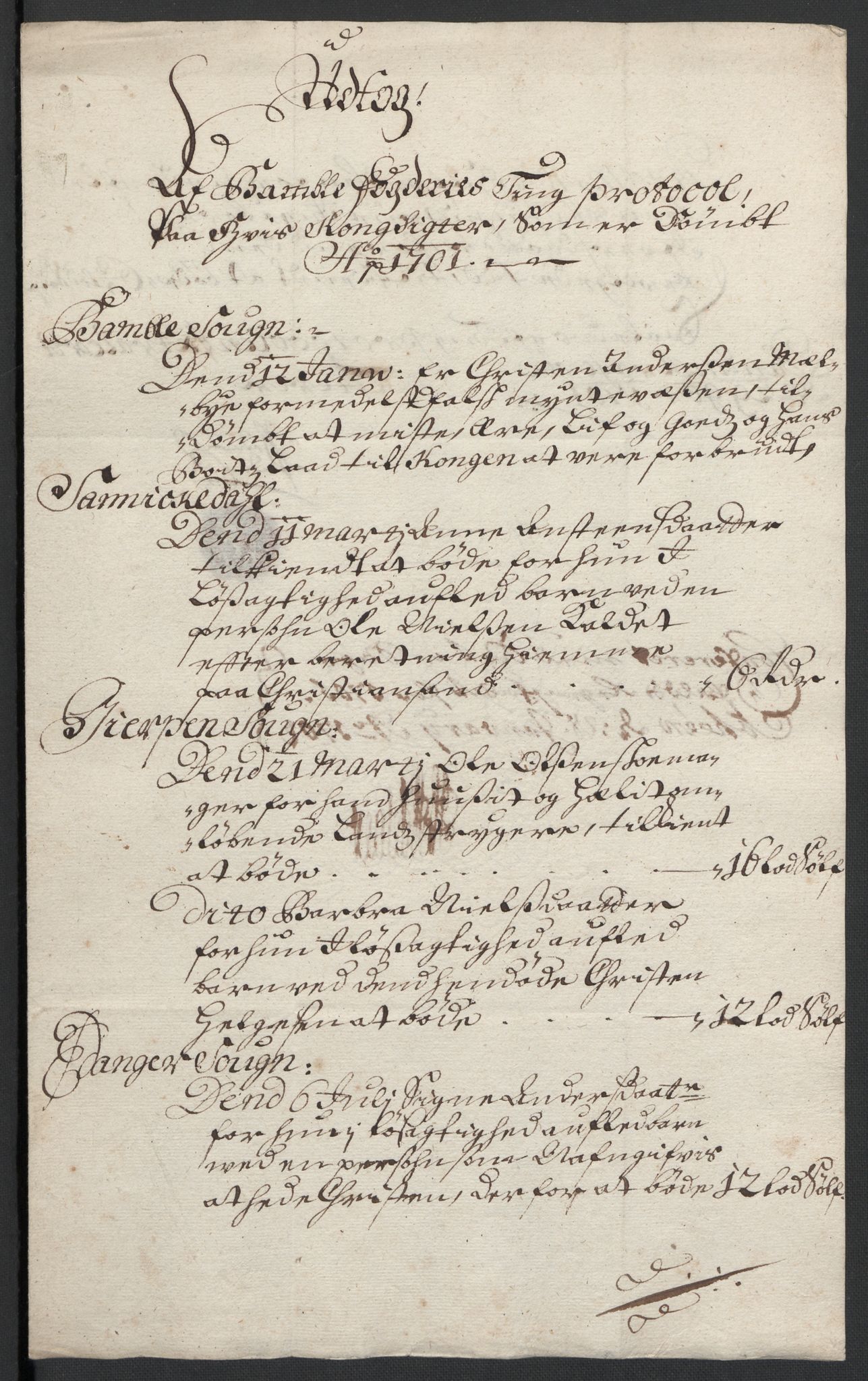 Rentekammeret inntil 1814, Reviderte regnskaper, Fogderegnskap, AV/RA-EA-4092/R36/L2105: Fogderegnskap Øvre og Nedre Telemark og Bamble, 1701, p. 149