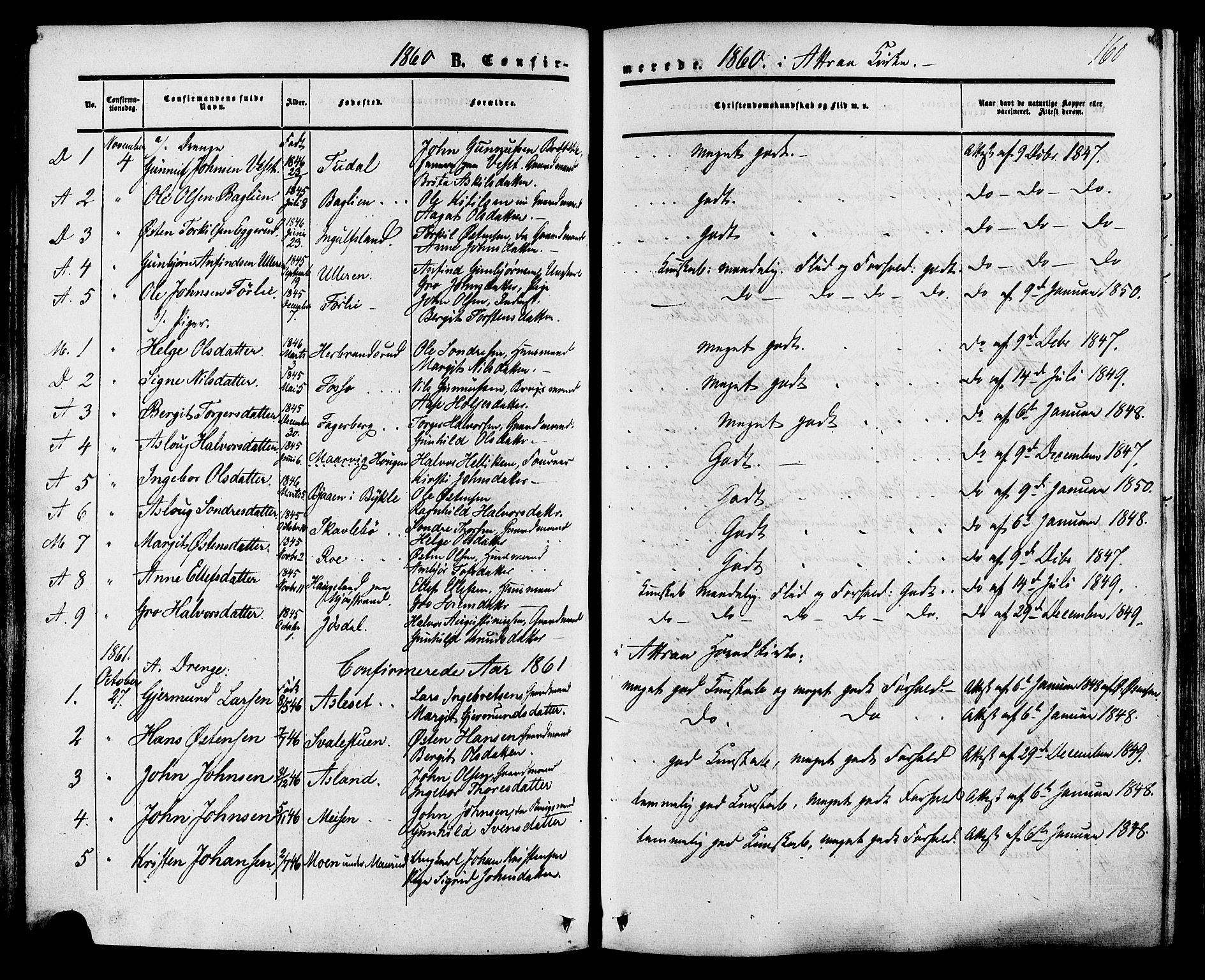 Tinn kirkebøker, SAKO/A-308/F/Fa/L0006: Parish register (official) no. I 6, 1857-1878, p. 160
