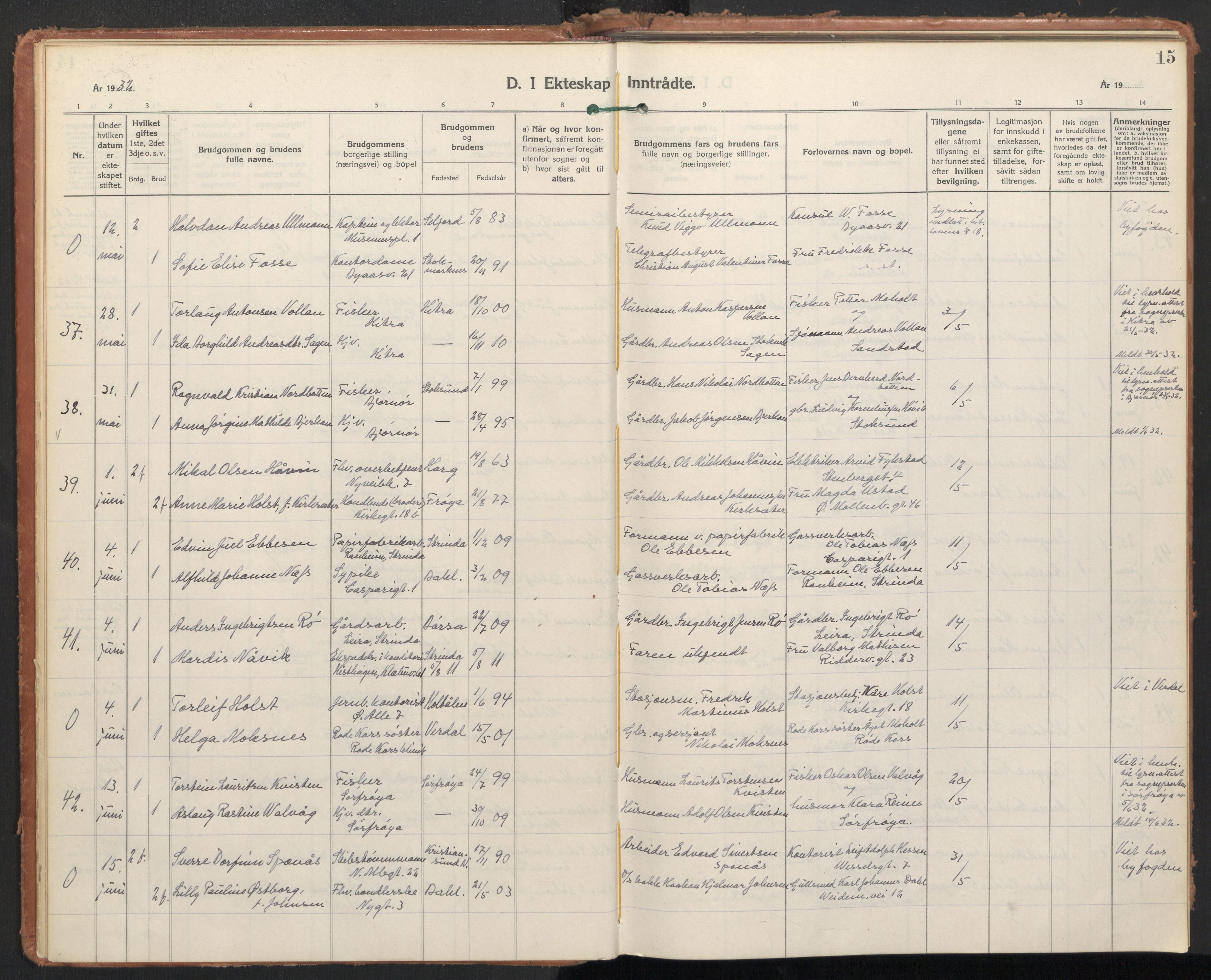 Ministerialprotokoller, klokkerbøker og fødselsregistre - Sør-Trøndelag, AV/SAT-A-1456/604/L0209: Parish register (official) no. 604A29, 1931-1945, p. 15