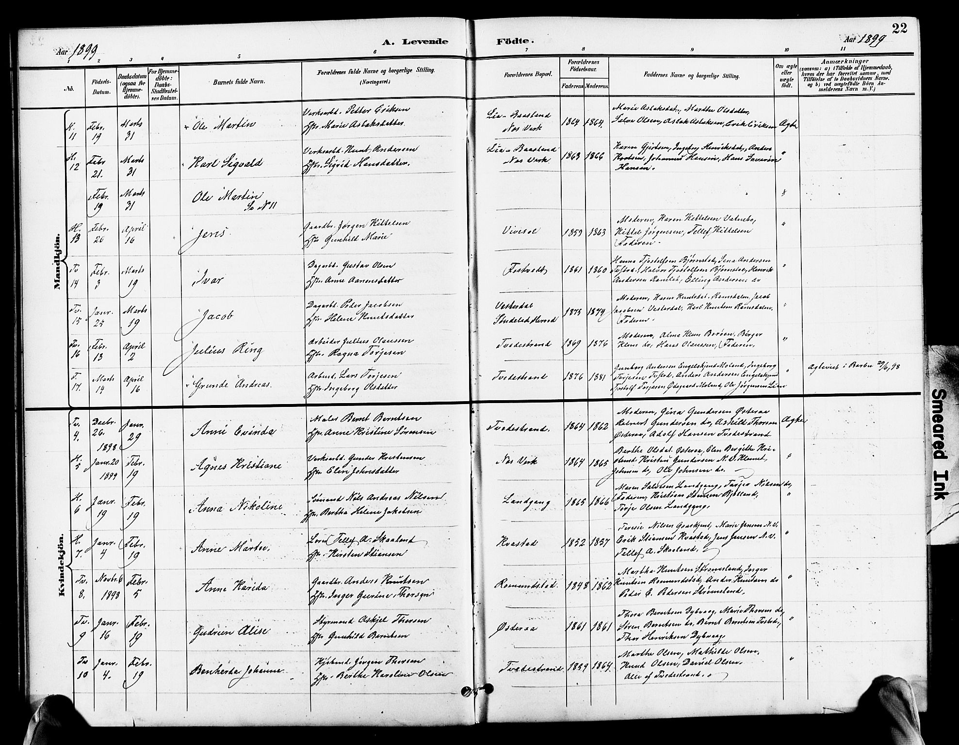 Holt sokneprestkontor, AV/SAK-1111-0021/F/Fb/L0011: Parish register (copy) no. B 11, 1897-1921, p. 22