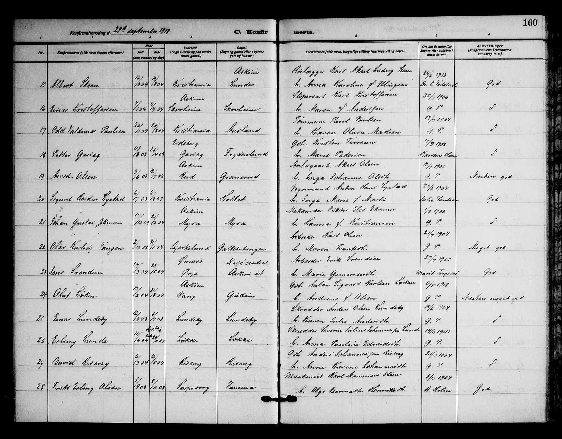 Askim prestekontor Kirkebøker, AV/SAO-A-10900/F/Fa/L0009: Parish register (official) no. 9, 1913-1923, p. 160