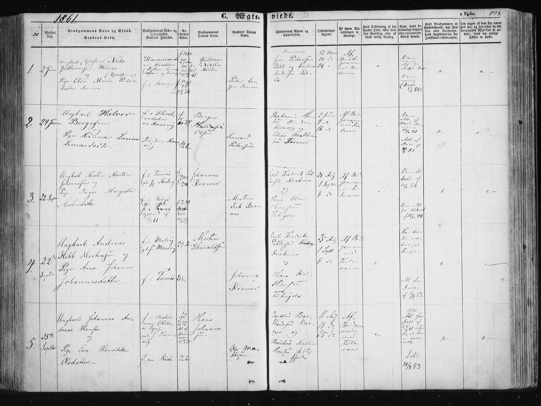 Tromsøysund sokneprestkontor, SATØ/S-1304/G/Ga/L0001kirke: Parish register (official) no. 1, 1856-1867, p. 173