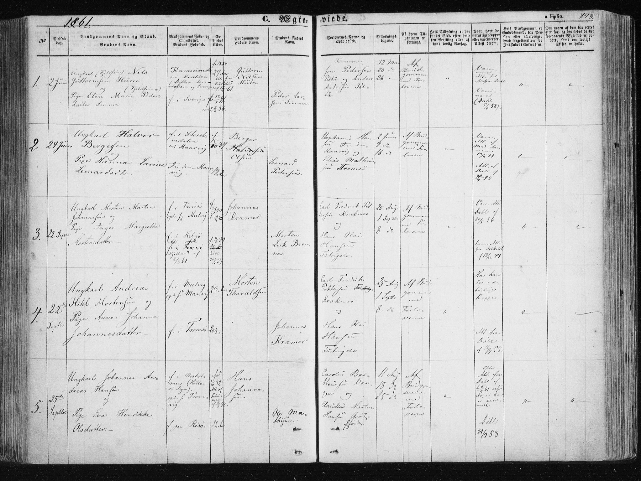 Tromsøysund sokneprestkontor, AV/SATØ-S-1304/G/Ga/L0001kirke: Parish register (official) no. 1, 1856-1867, p. 173