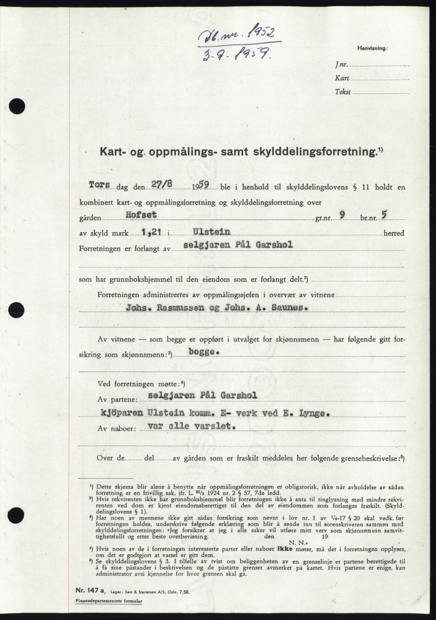 Søre Sunnmøre sorenskriveri, AV/SAT-A-4122/1/2/2C/L0113: Mortgage book no. 39A, 1959-1959, Diary no: : 1952/1959