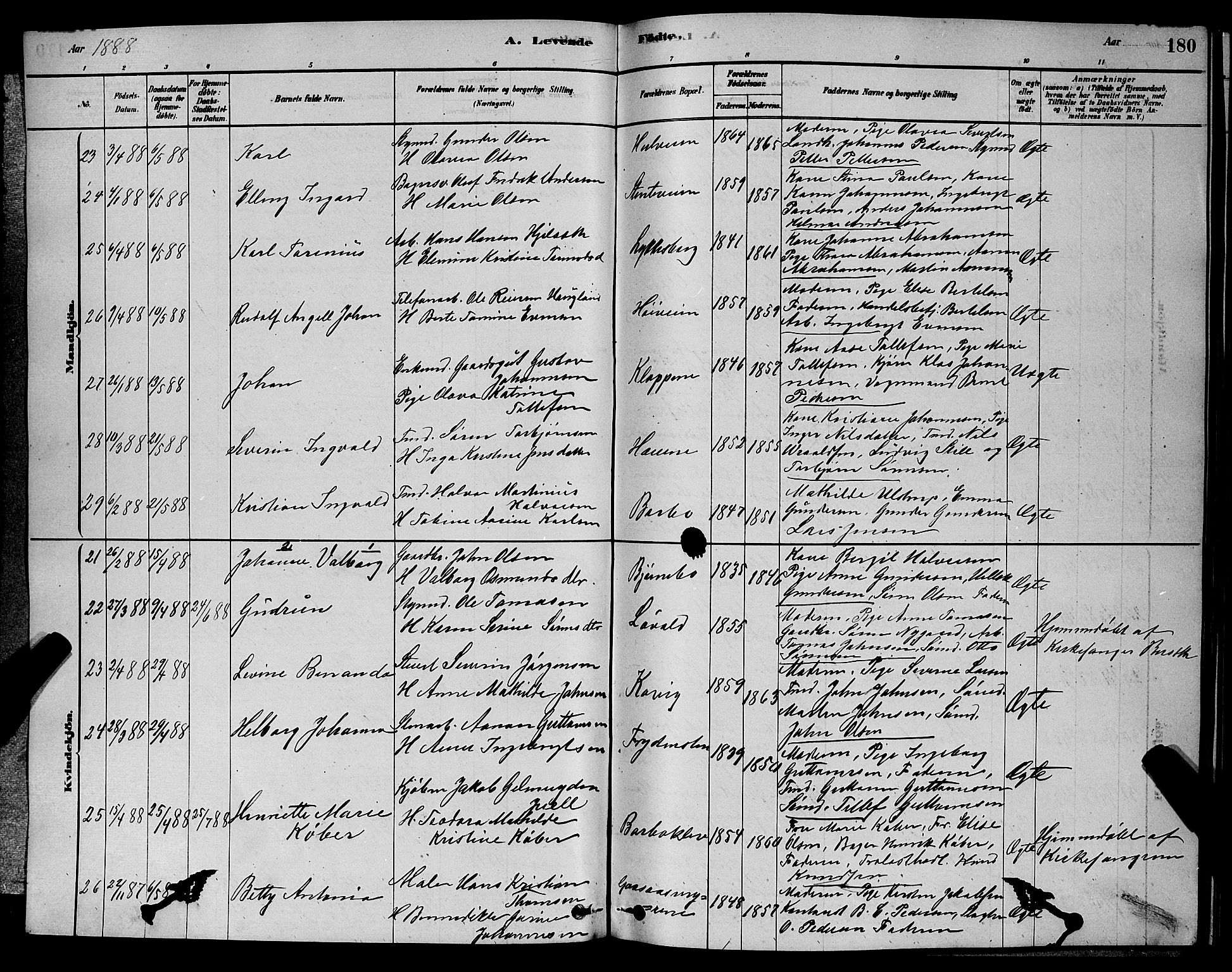 Barbu sokneprestkontor, AV/SAK-1111-0003/F/Fb/L0001: Parish register (copy) no. B 1, 1878-1890, p. 180