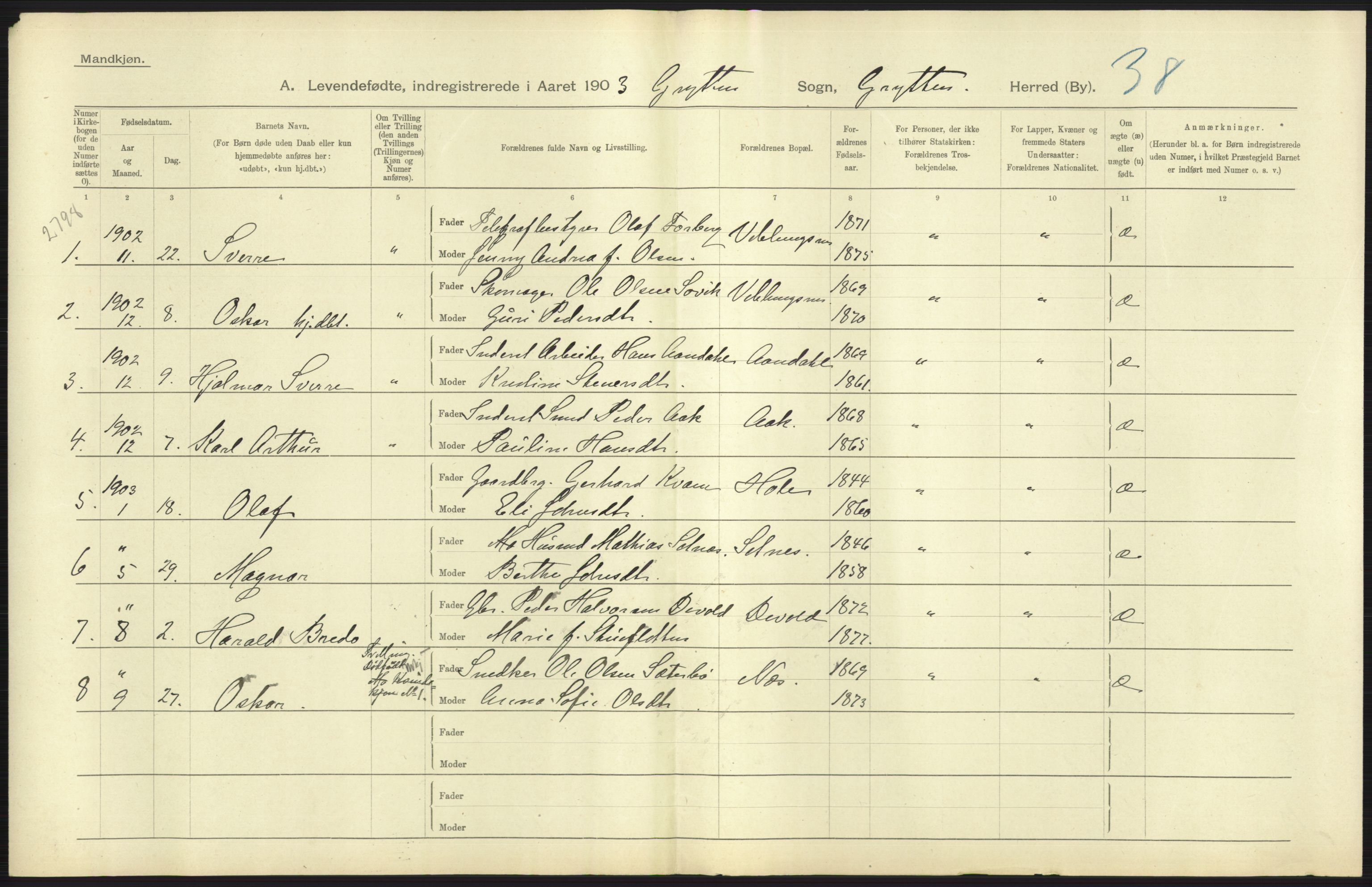 Statistisk sentralbyrå, Sosiodemografiske emner, Befolkning, AV/RA-S-2228/D/Df/Dfa/Dfaa/L0016: Romsdal amt: Fødte, gifte, døde., 1903, p. 49